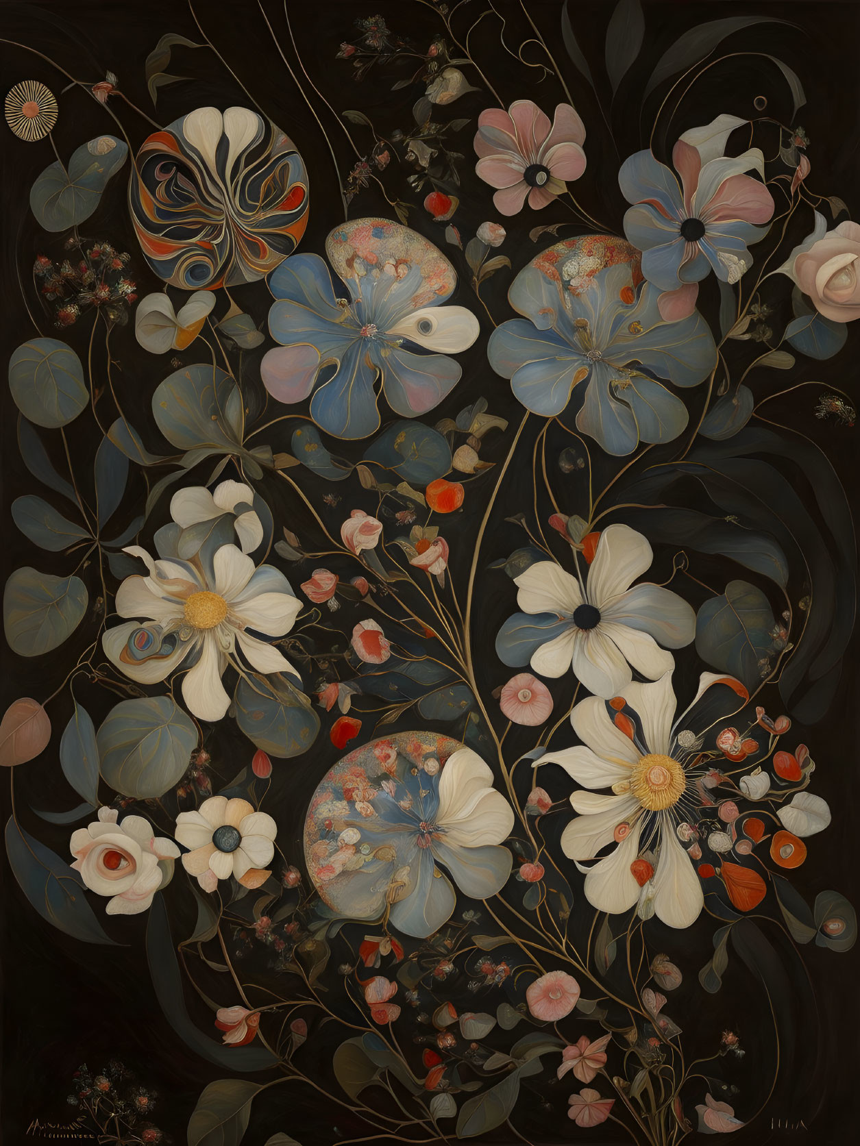 Intricate floral composition in dark, moody tones