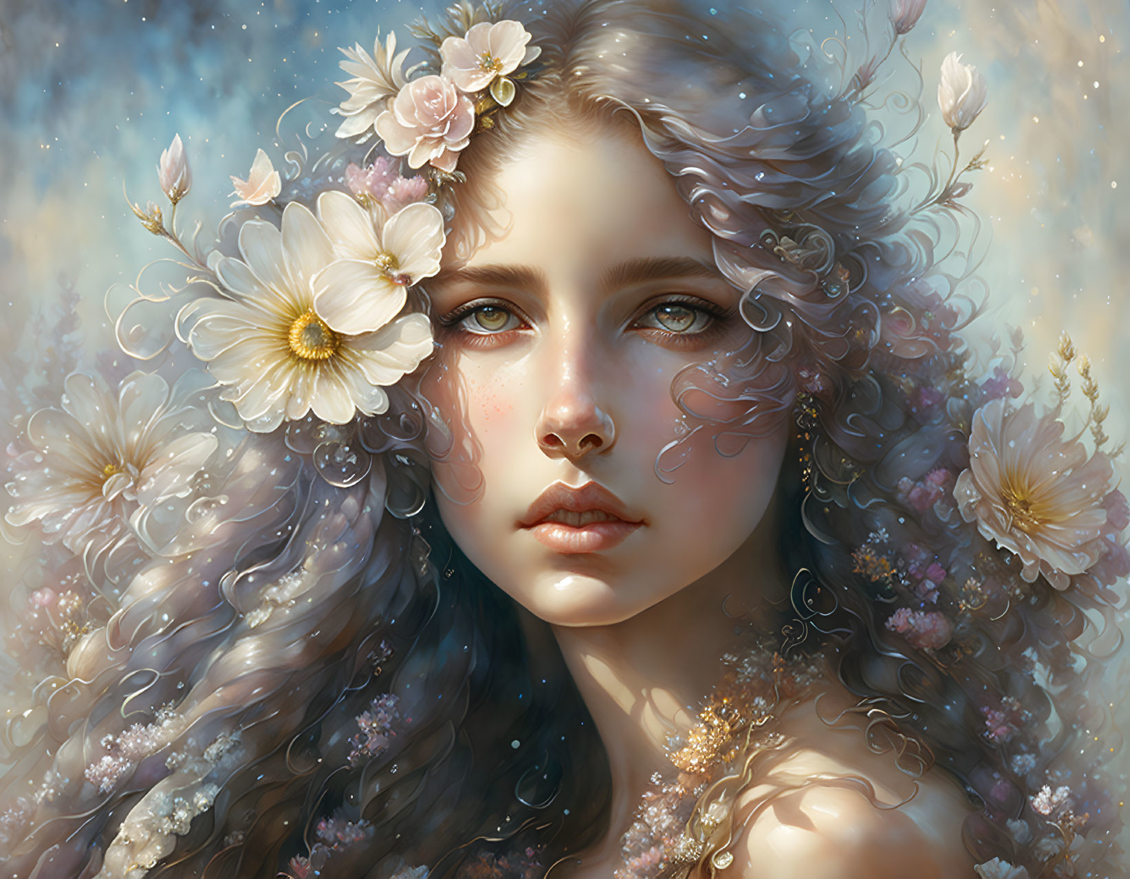 Detailed Illustration of Woman with Flowing Hair and Light-Colored Flowers