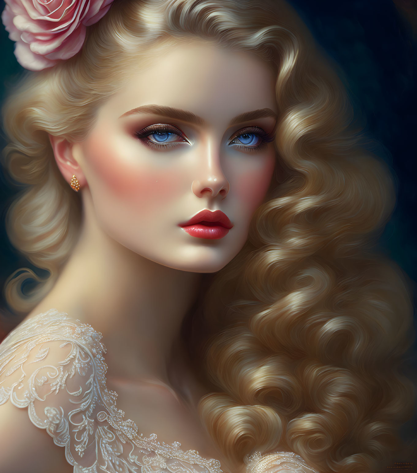 Blonde woman with curly hair and blue eyes in lace gown with rose