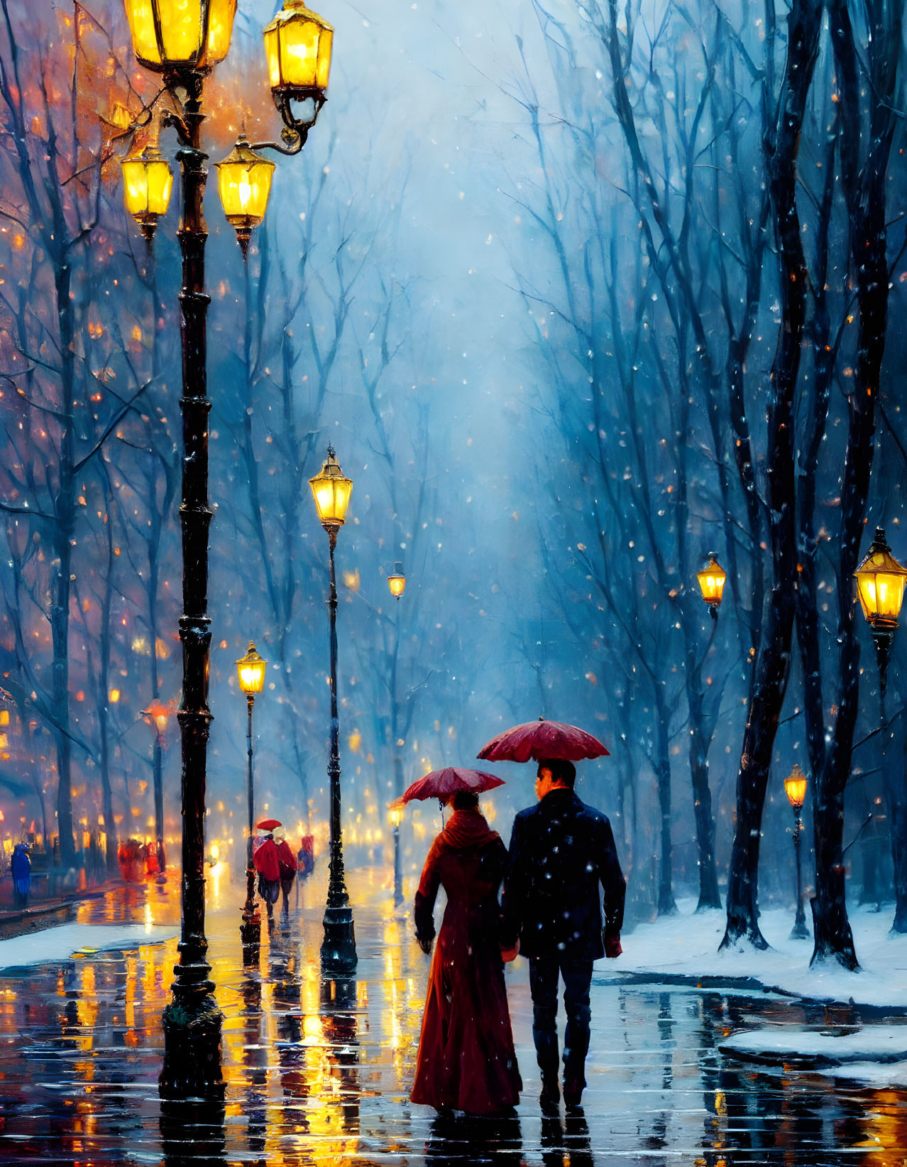 Couple walking under red umbrellas in snowy park at night