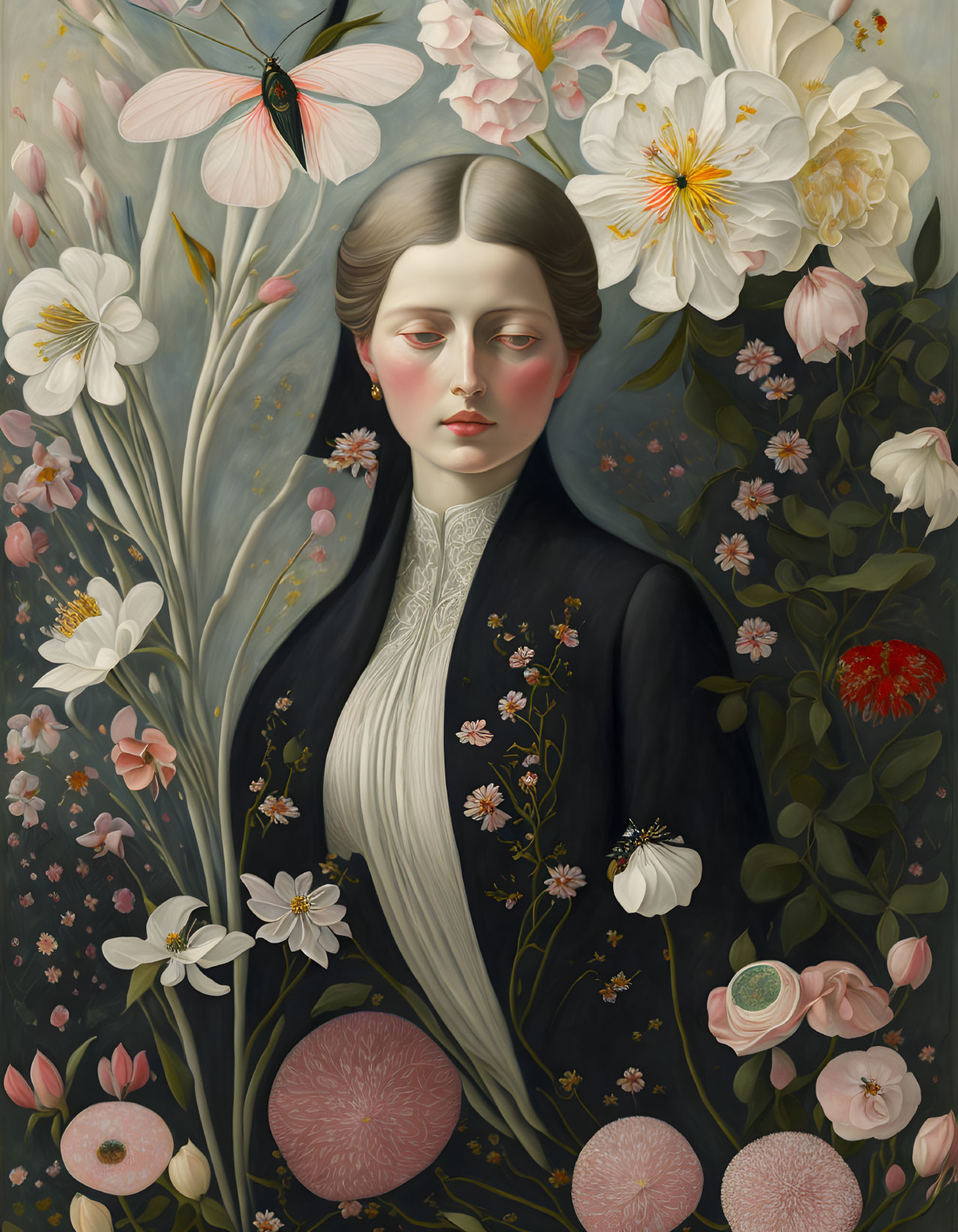 Realistic painting of a pale woman among vibrant flowers