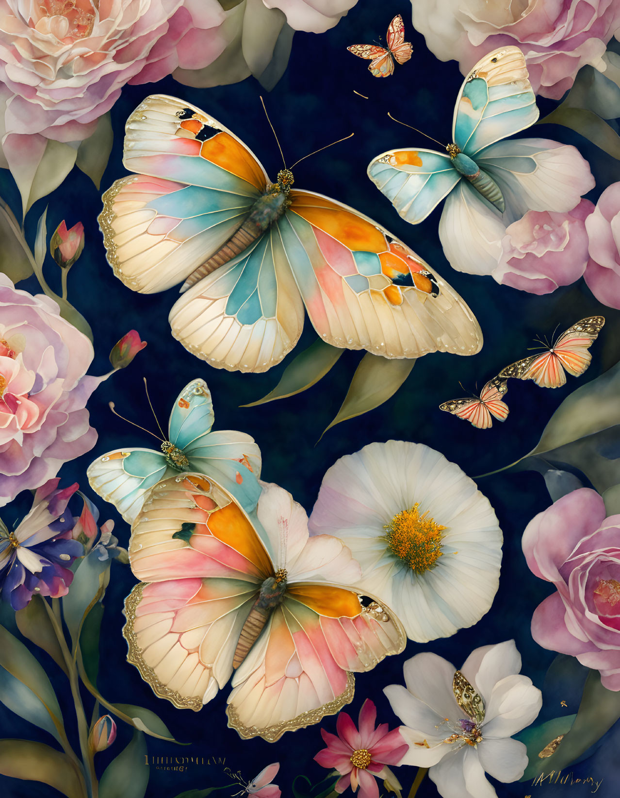 Colorful butterflies and flowers against dark background