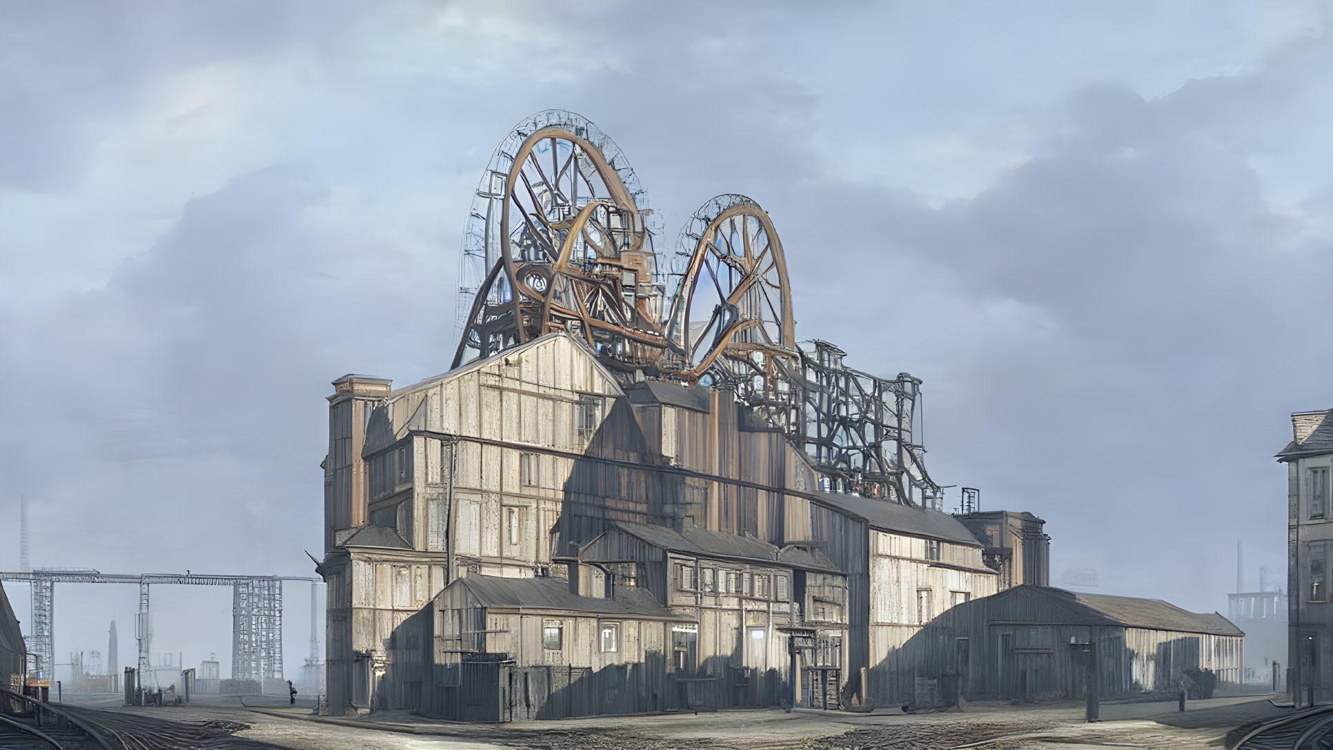 Industrial building with large wheels surrounded by smaller structures and railway tracks under cloudy sky