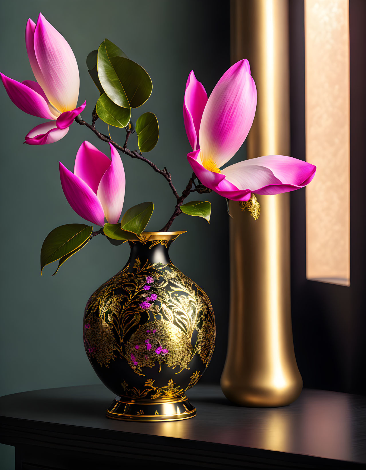 Pink Magnolia Flowers in Gold Vase with Lamp on Dark Background