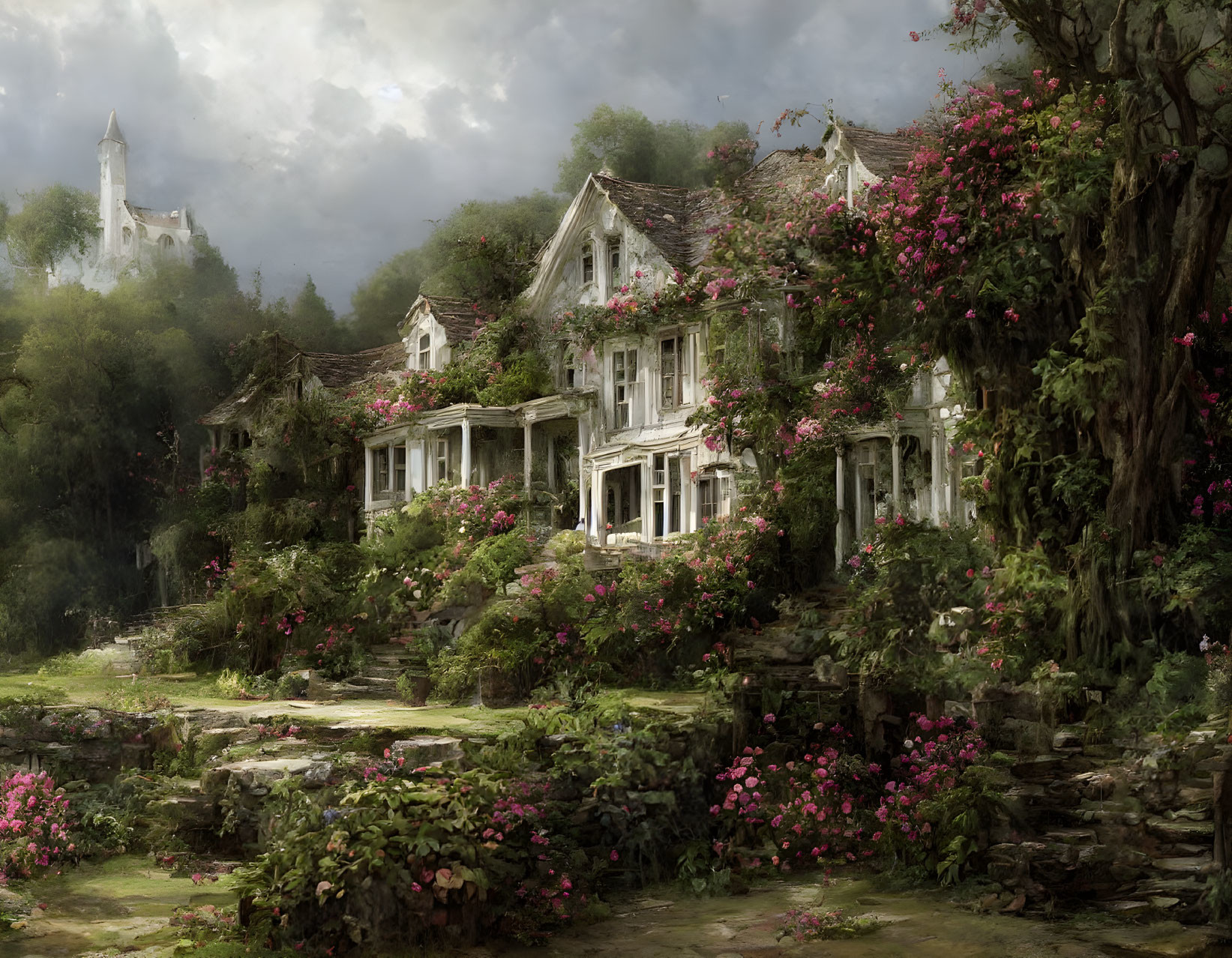 Overgrown mansion with flowering vines in misty forest