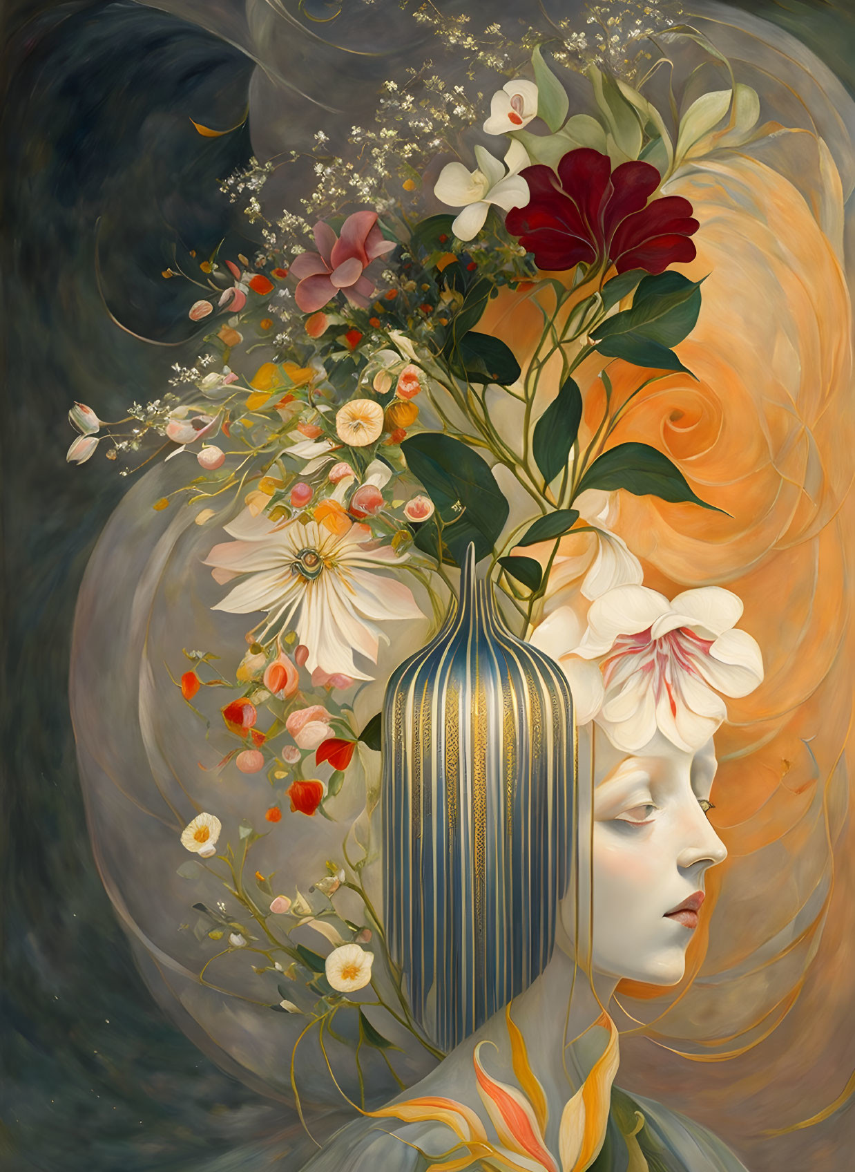 Portrait of serene female figure with golden cage head and floral bouquet against starry backdrop