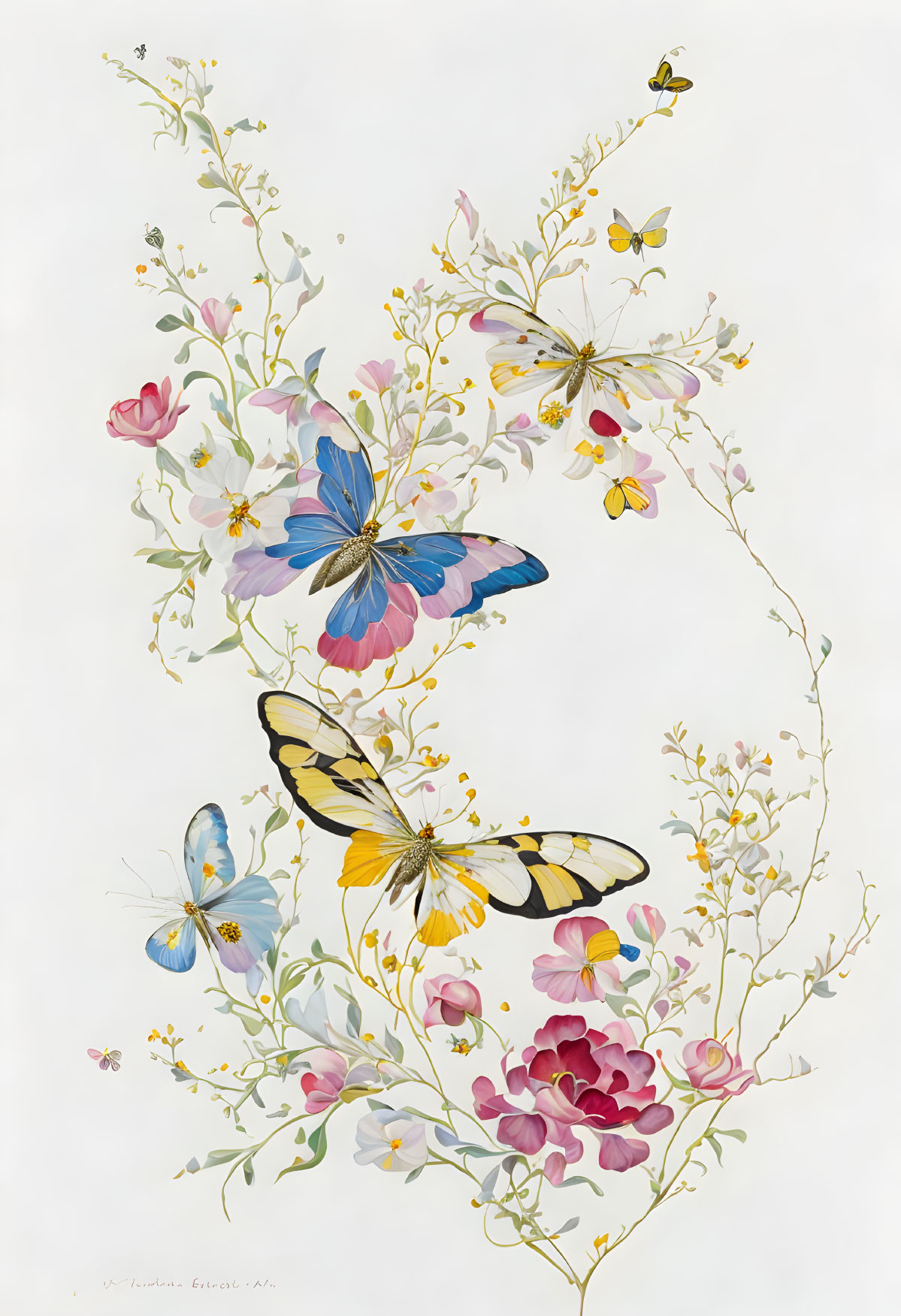 Butterflies and Flowers Illustration with Airy Vertical Composition