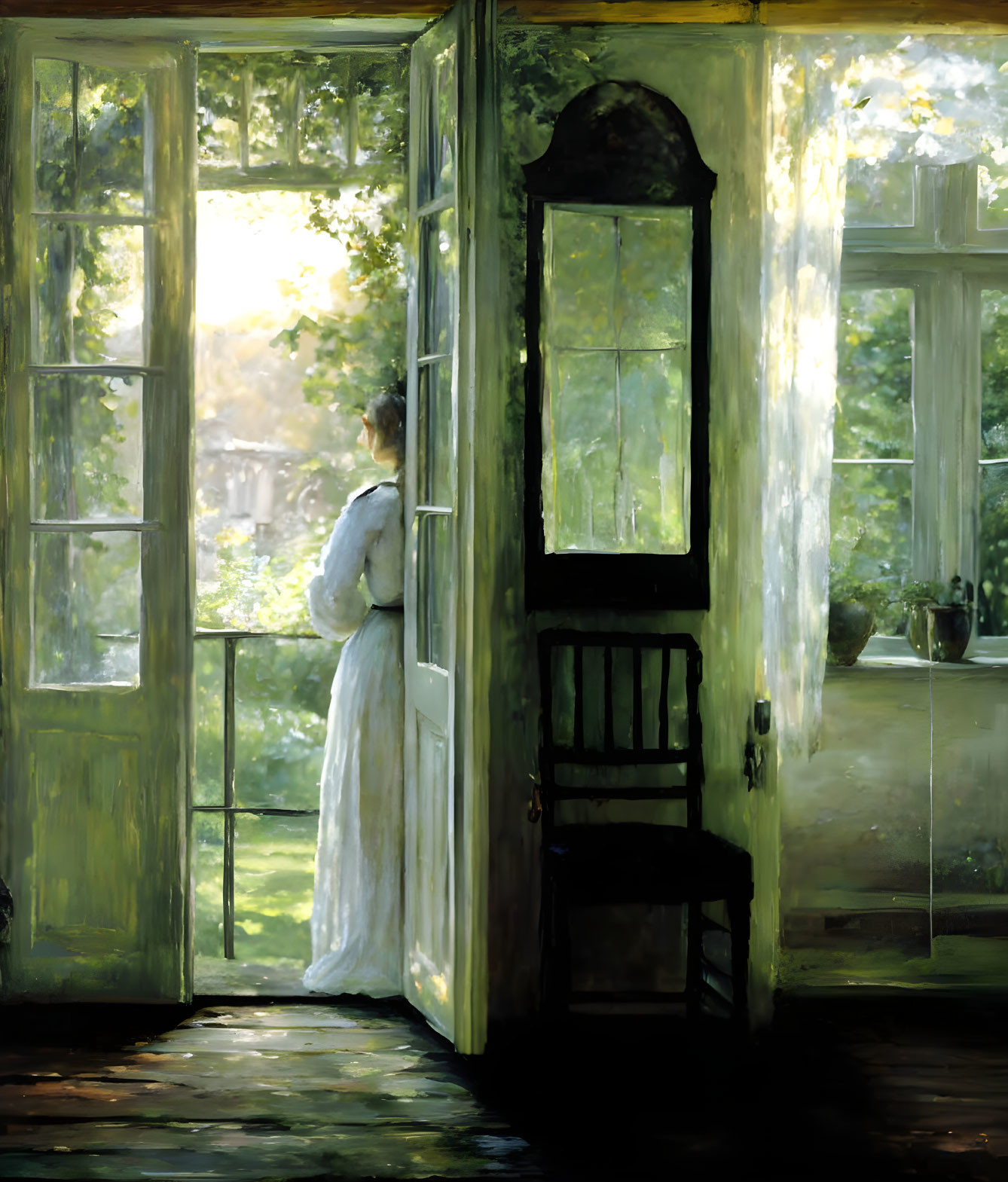 Woman in white dress by open door overlooking sunlit garden