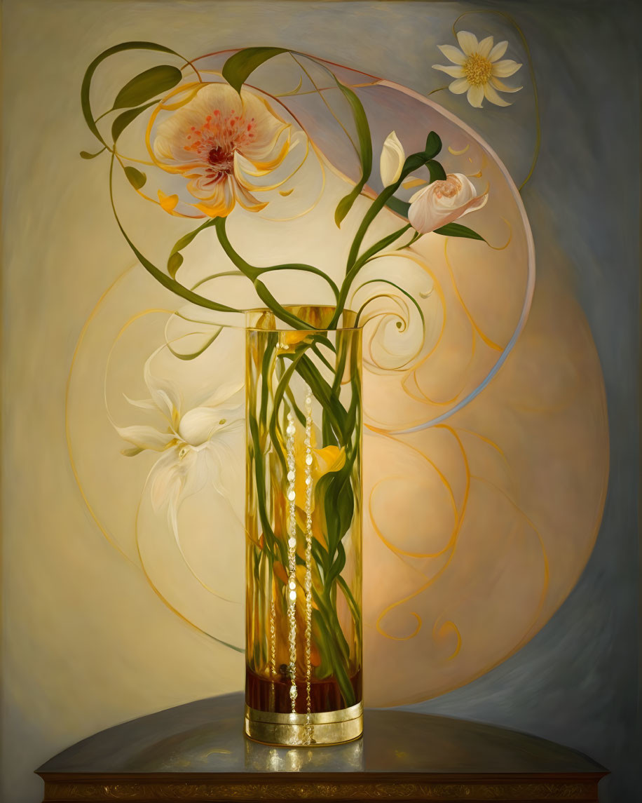 Elegant flower vase painting with decorative swirls on gradient backdrop