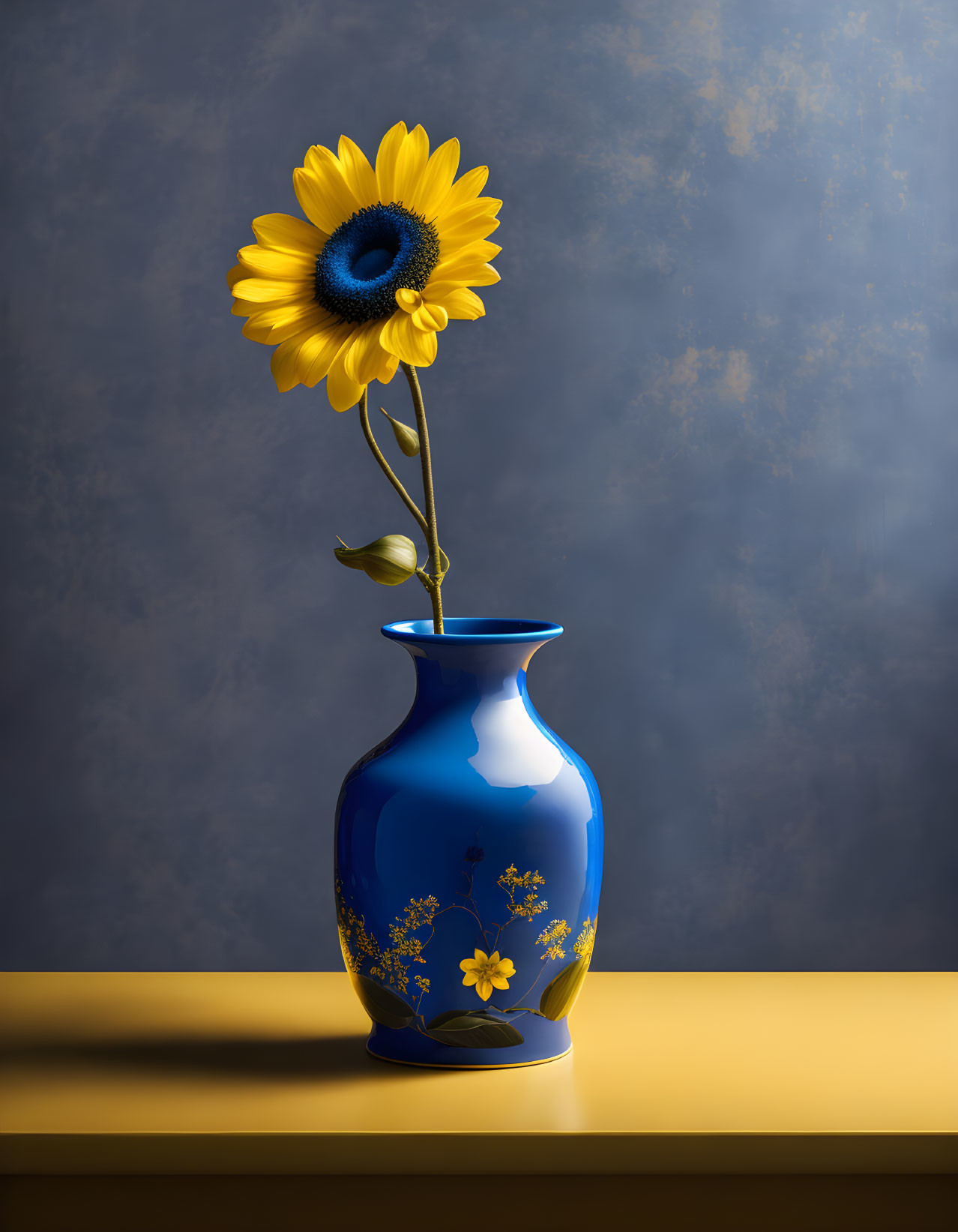 Sunflower in Blue Vase on Textured Blue Backdrop