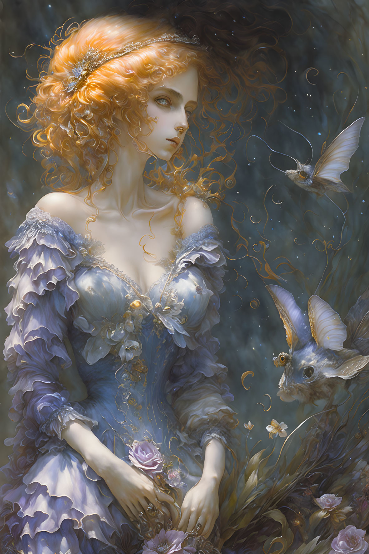 Digital Art: Woman in Blue Dress with Butterflies and Flowers