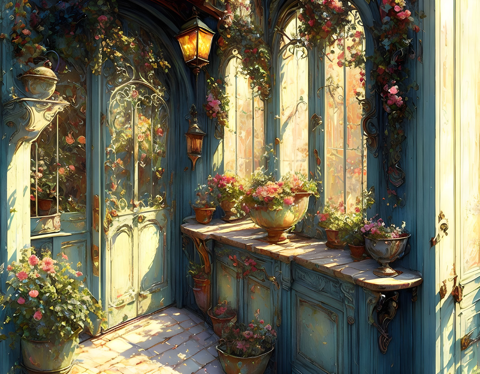 Sunlit balcony with vibrant flowers, blue double-door, and arched windows