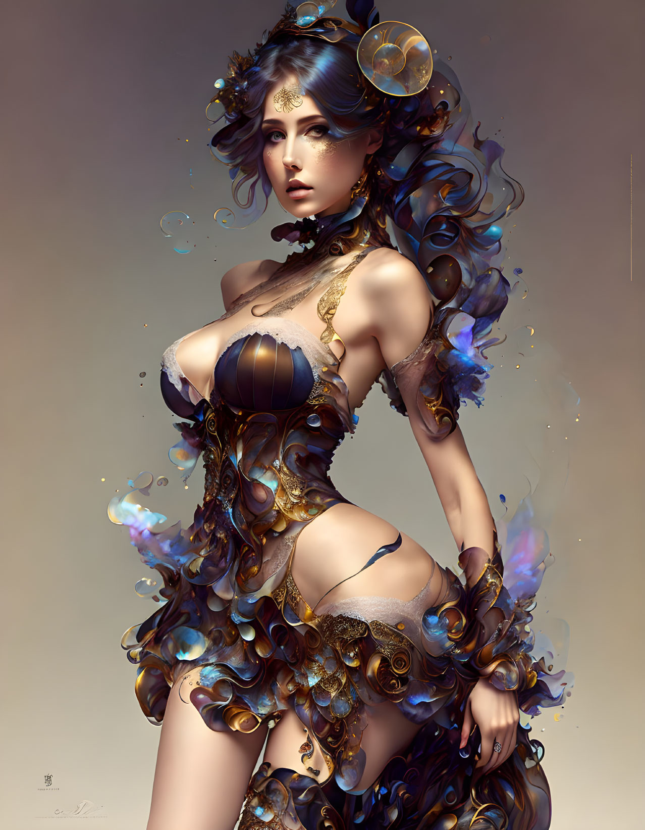 Fantasy female figure in corset with golden swirls and clockwork details