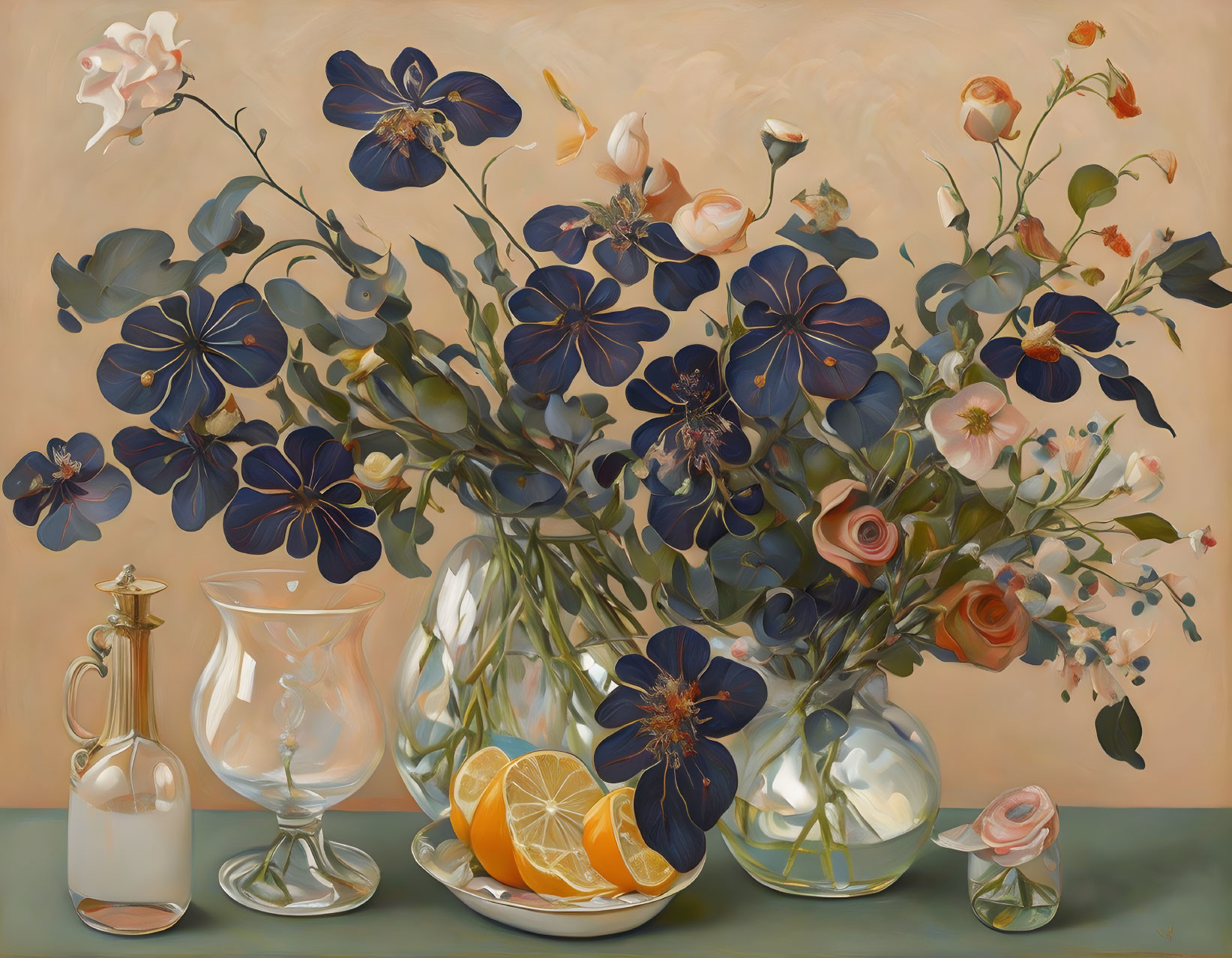 Dark Blue and Light Pink Flowers, Gold Jug, Oranges, Butterfly in Still Life Painting