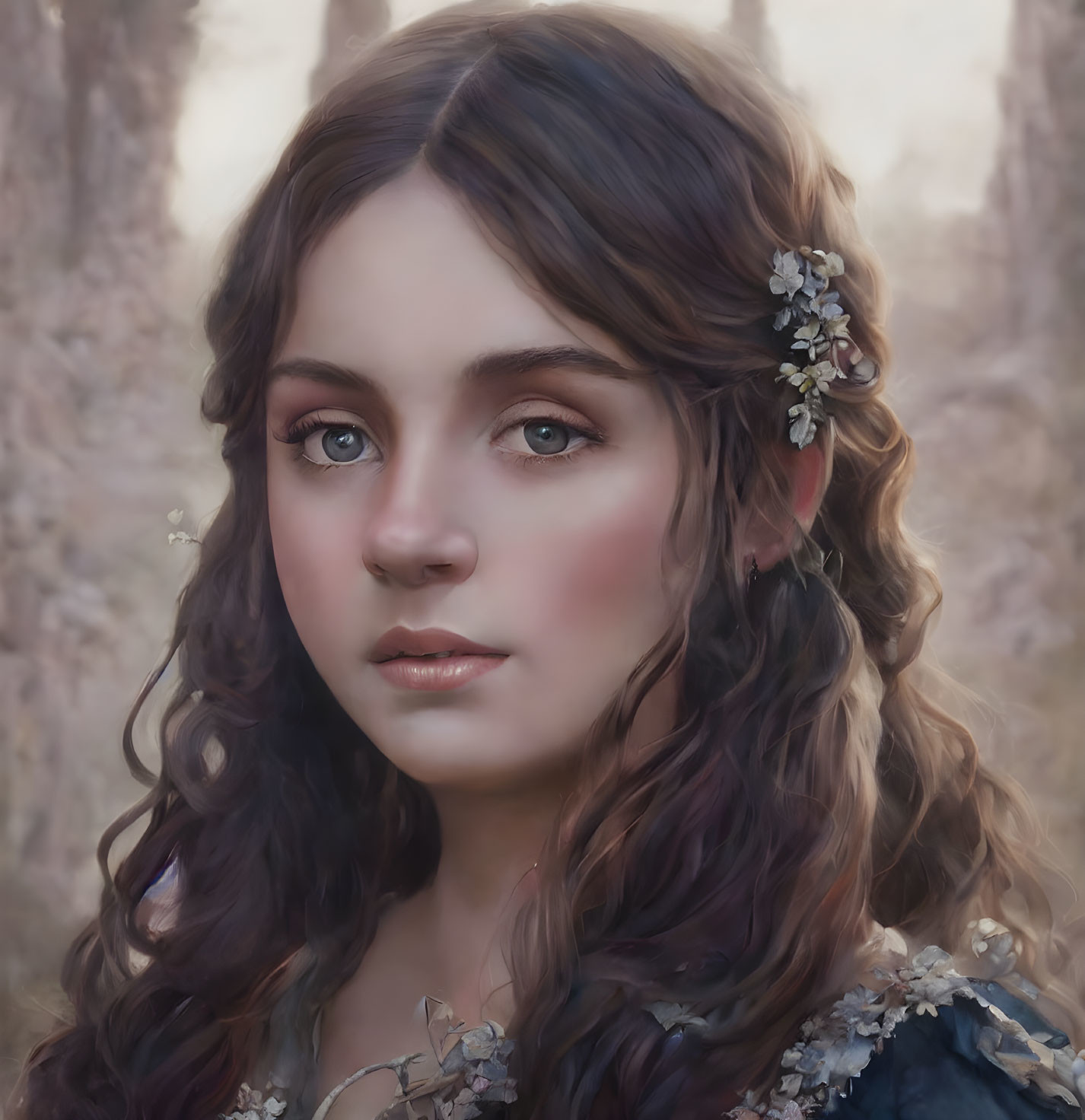 Young woman portrait with blue eyes, wavy brown hair, and floral adornment.