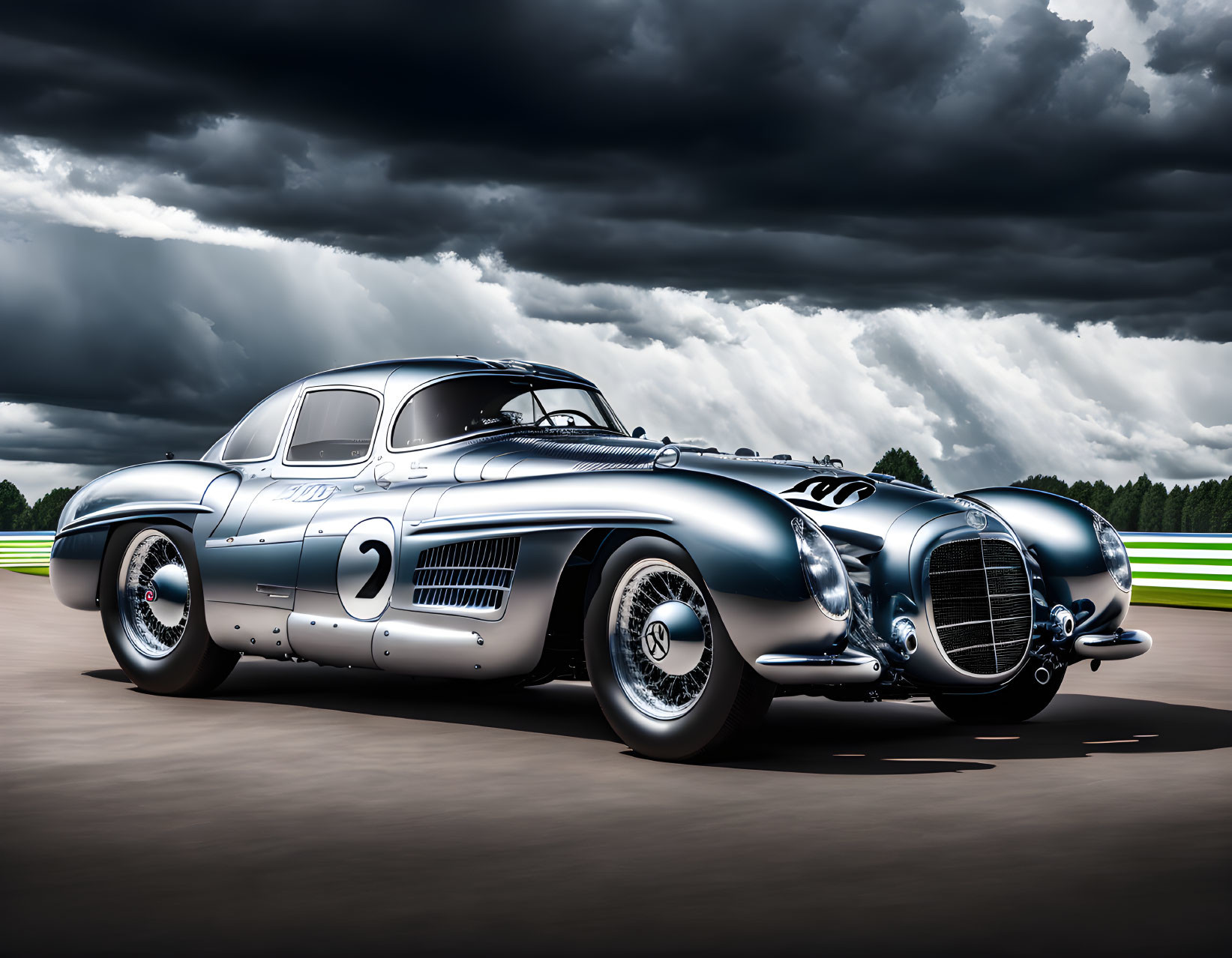 Vintage Silver Race Car with Number 2 on Track with Dramatic Clouds