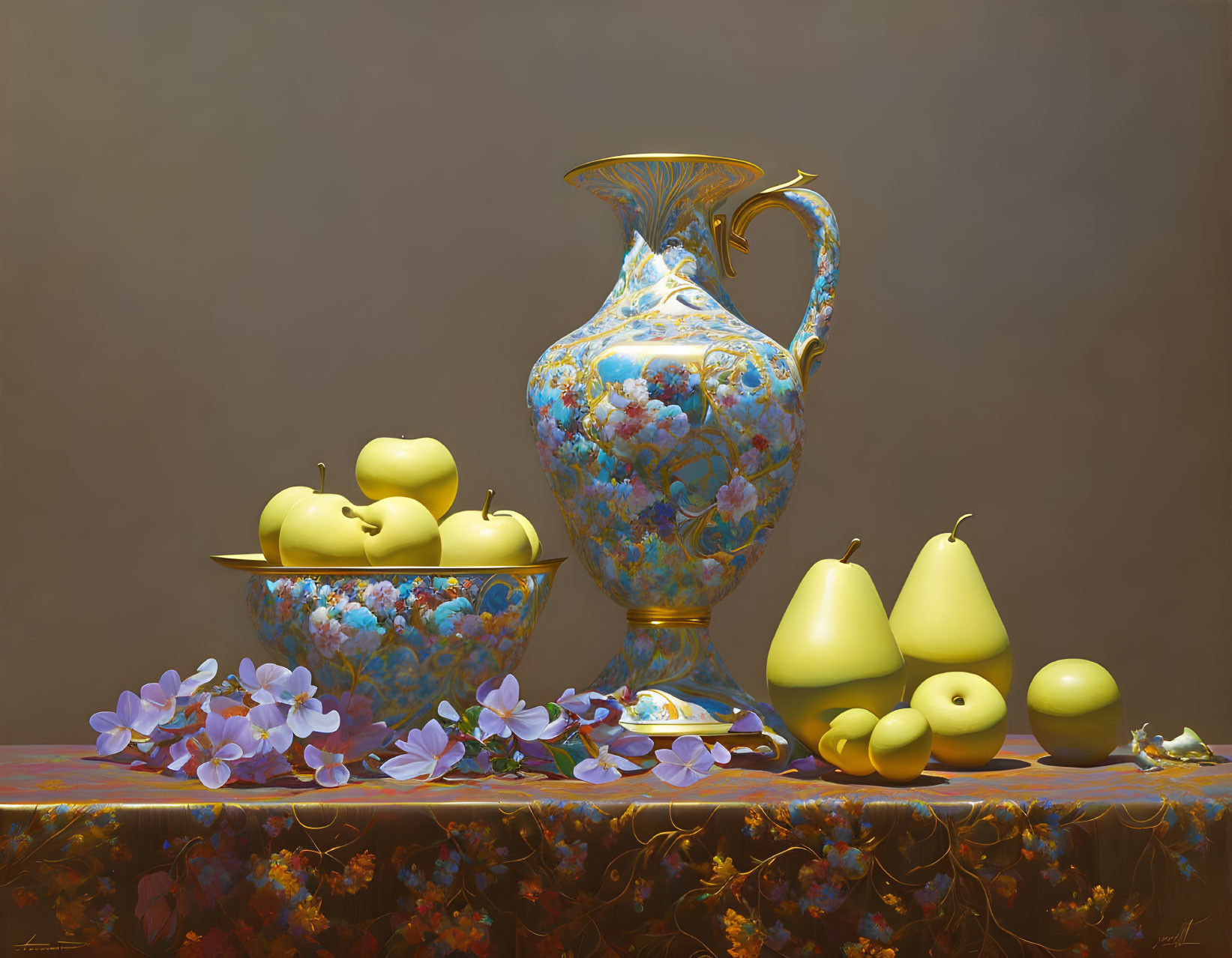 Blue floral pitcher, bowl, apples, pears, and flowers on draped table