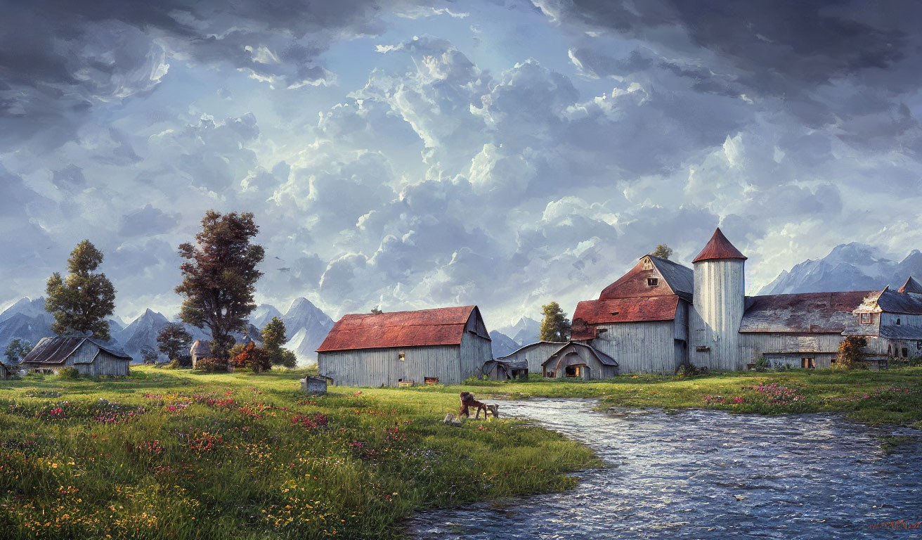 Rustic farm with barns, silo, horse grazing, wildflowers, mountains, and