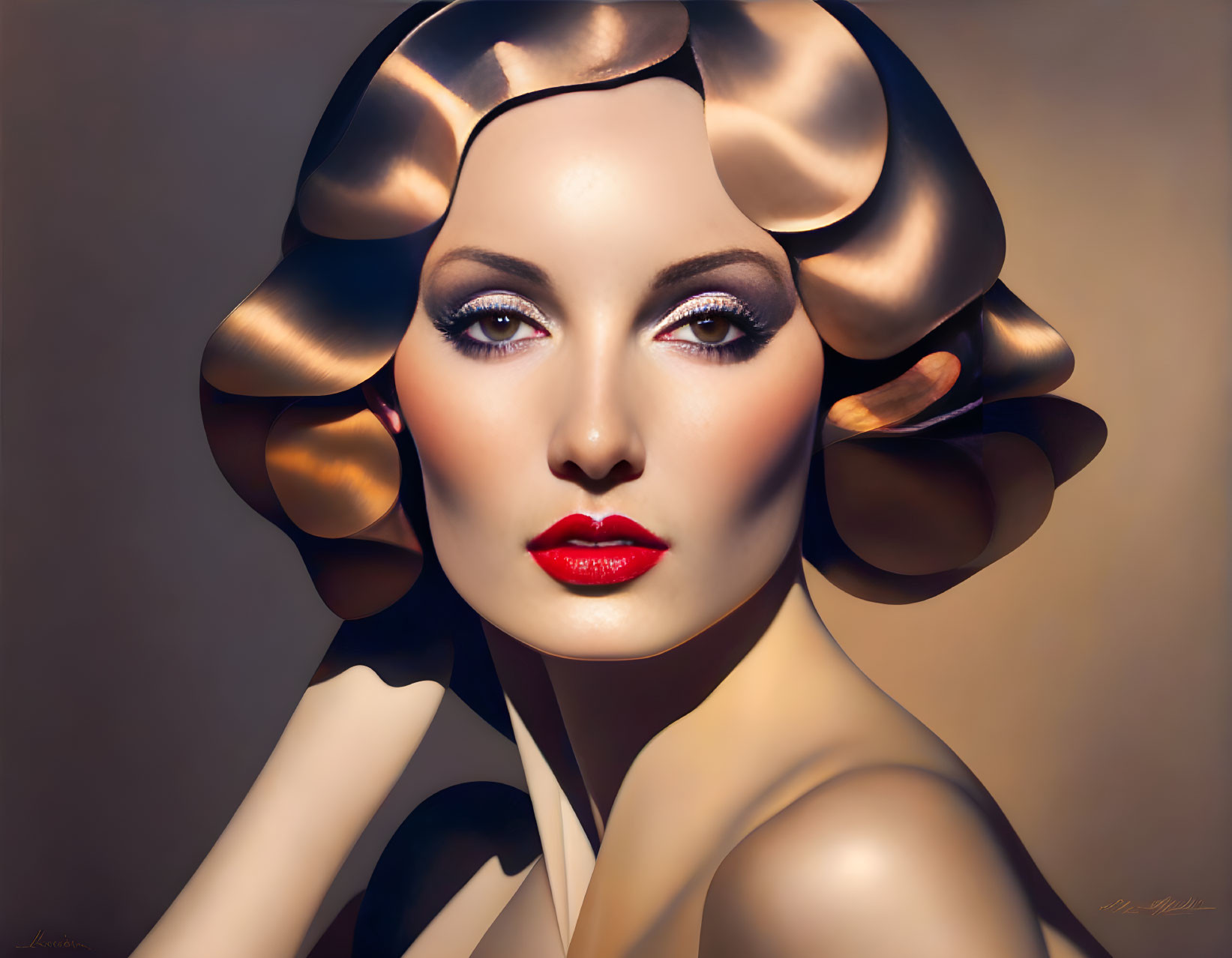 Digital artwork: Woman with wavy hair, red lips, and warm light