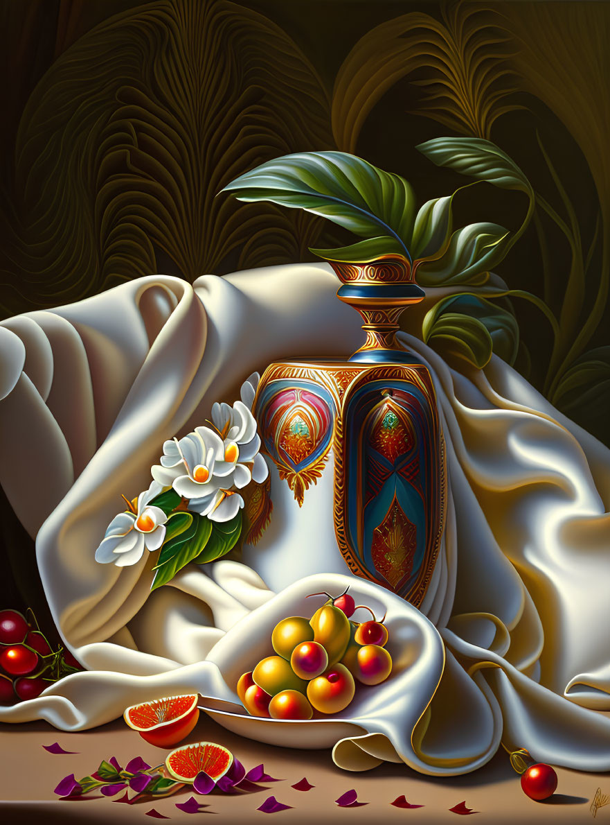 Ornate vase with leaves, fruit, and flowers on draped cloth against tropical backdrop