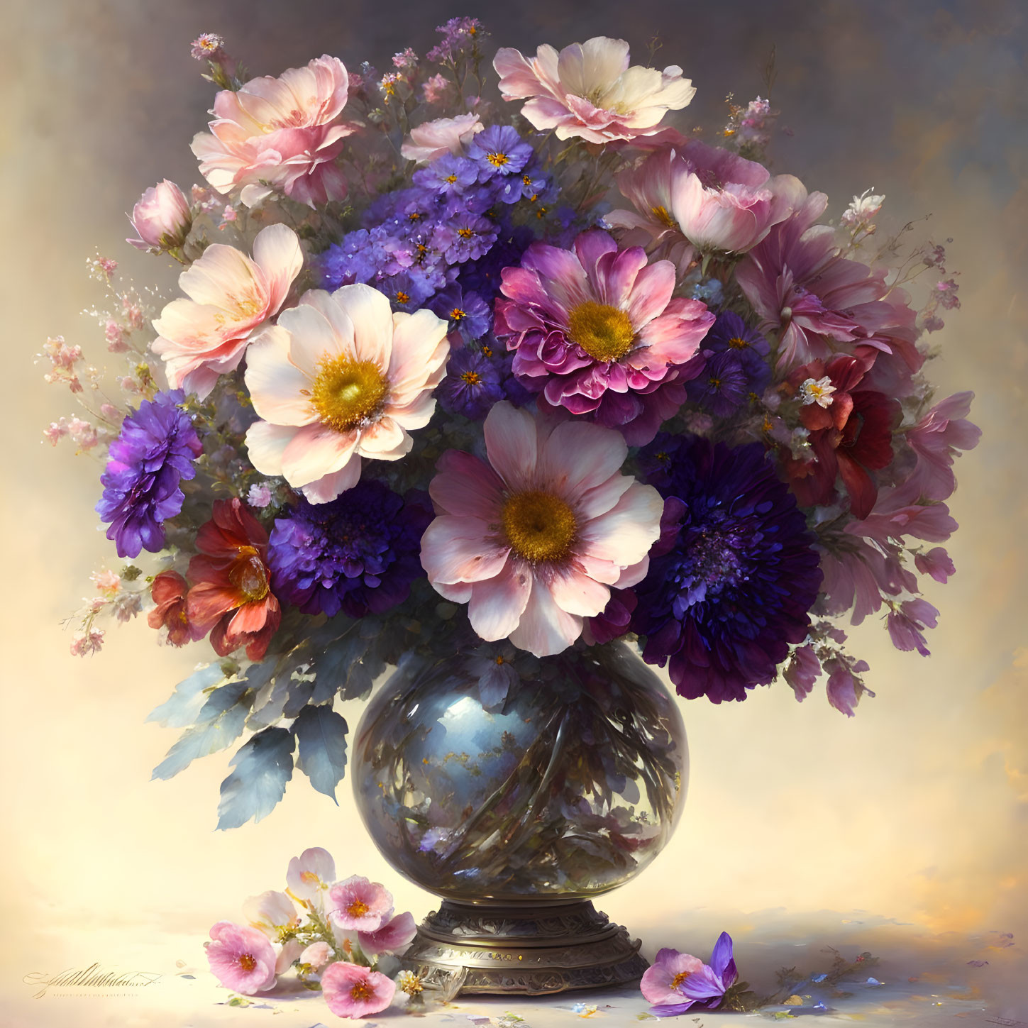 Colorful Pink, Purple, and White Flower Bouquet in Glass Vase