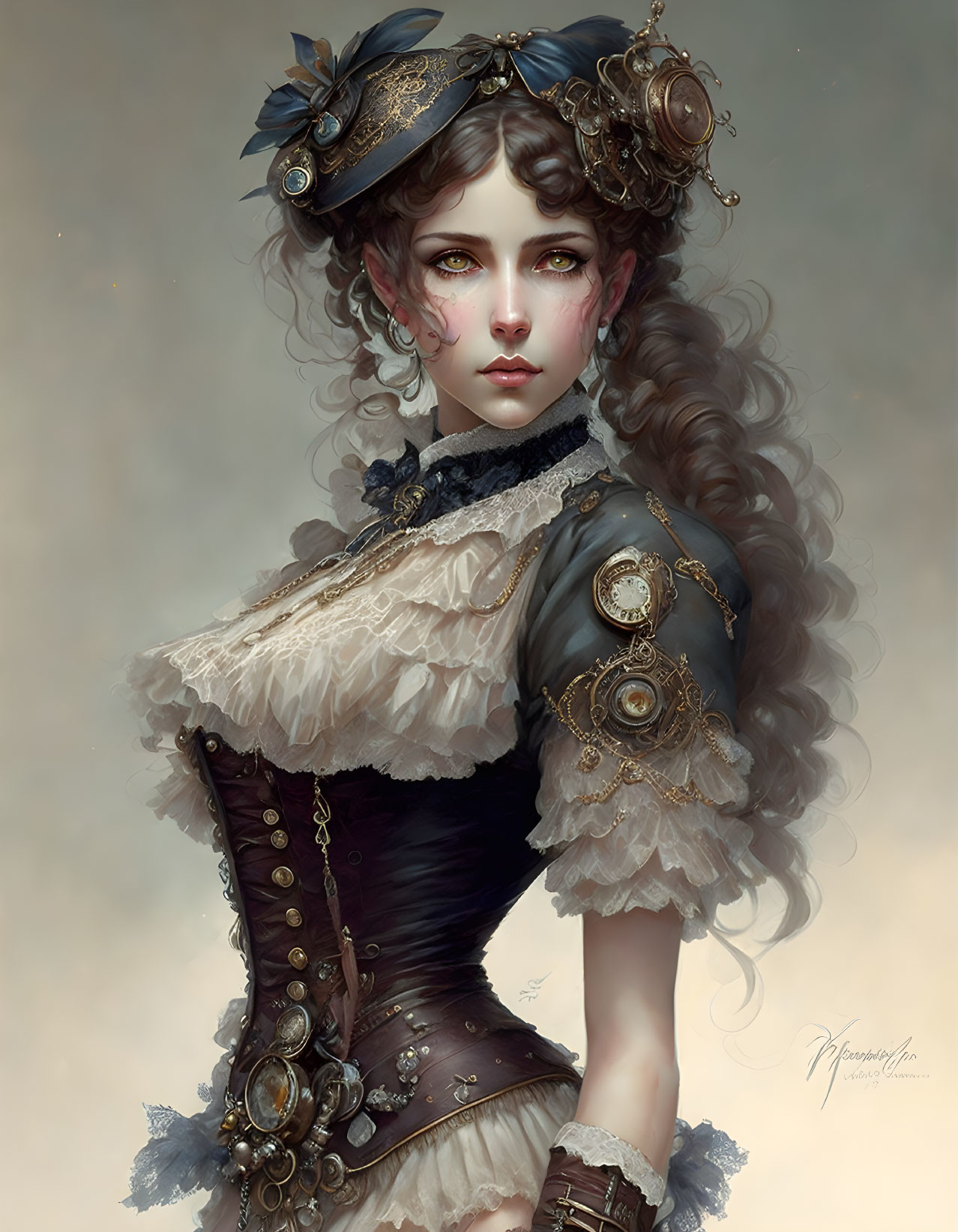 Steampunk-themed digital artwork of a woman in intricate attire