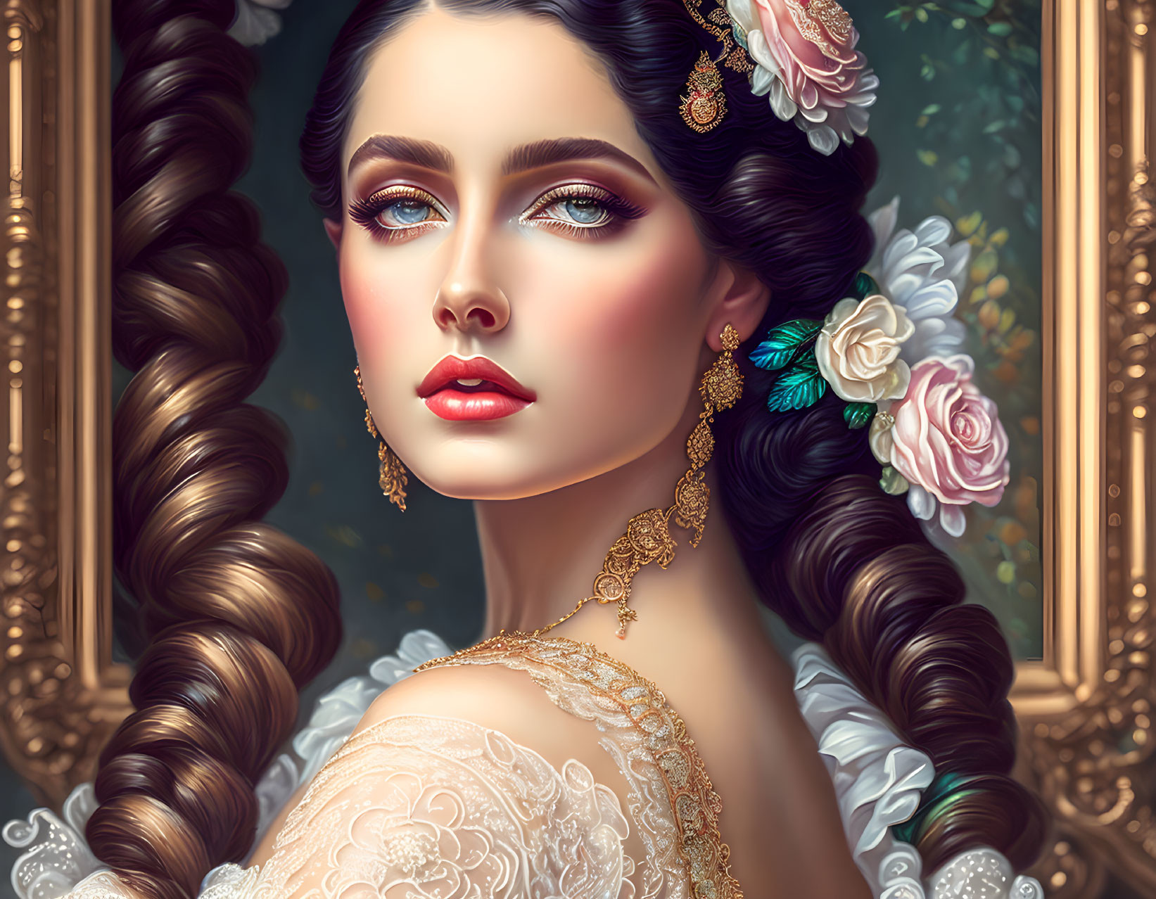 Detailed portrait of woman with braided hair, vintage earrings, and floral accents