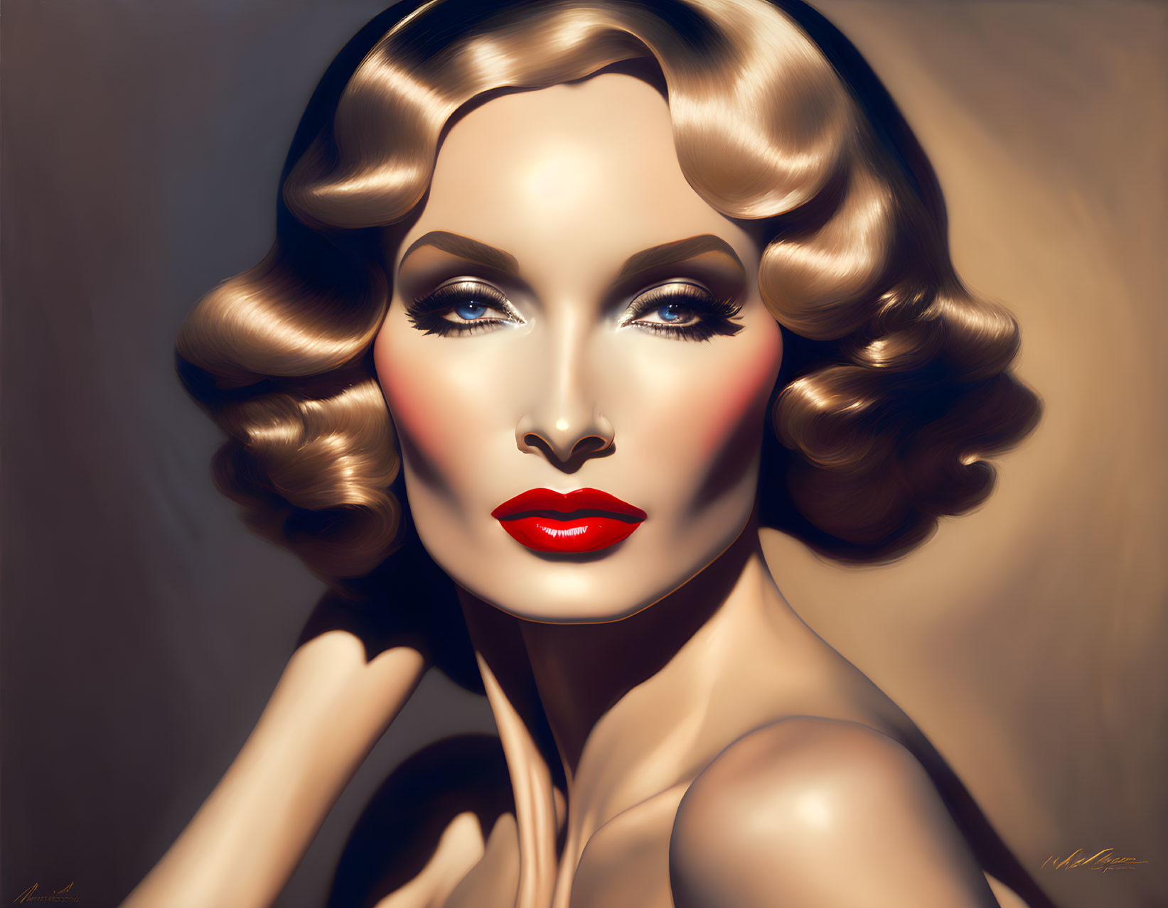 Woman in vintage glamor style with wavy hair and bold red lips