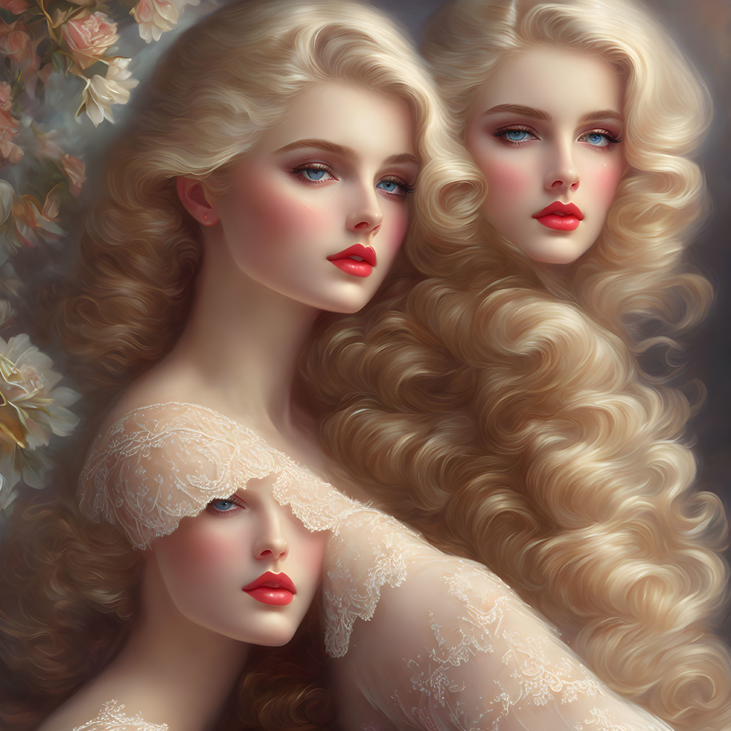 Three Women with Blonde Hair and Blue Eyes in Lace against Floral Background