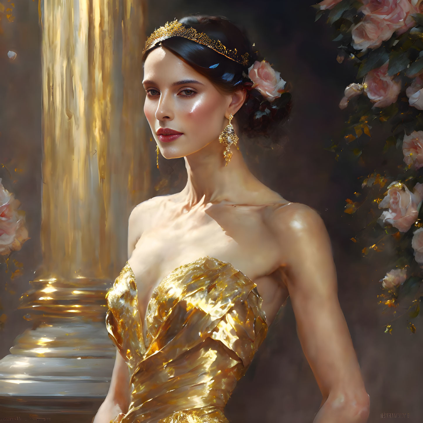 Regal woman in golden gown and headpiece with soft light and floral backdrop