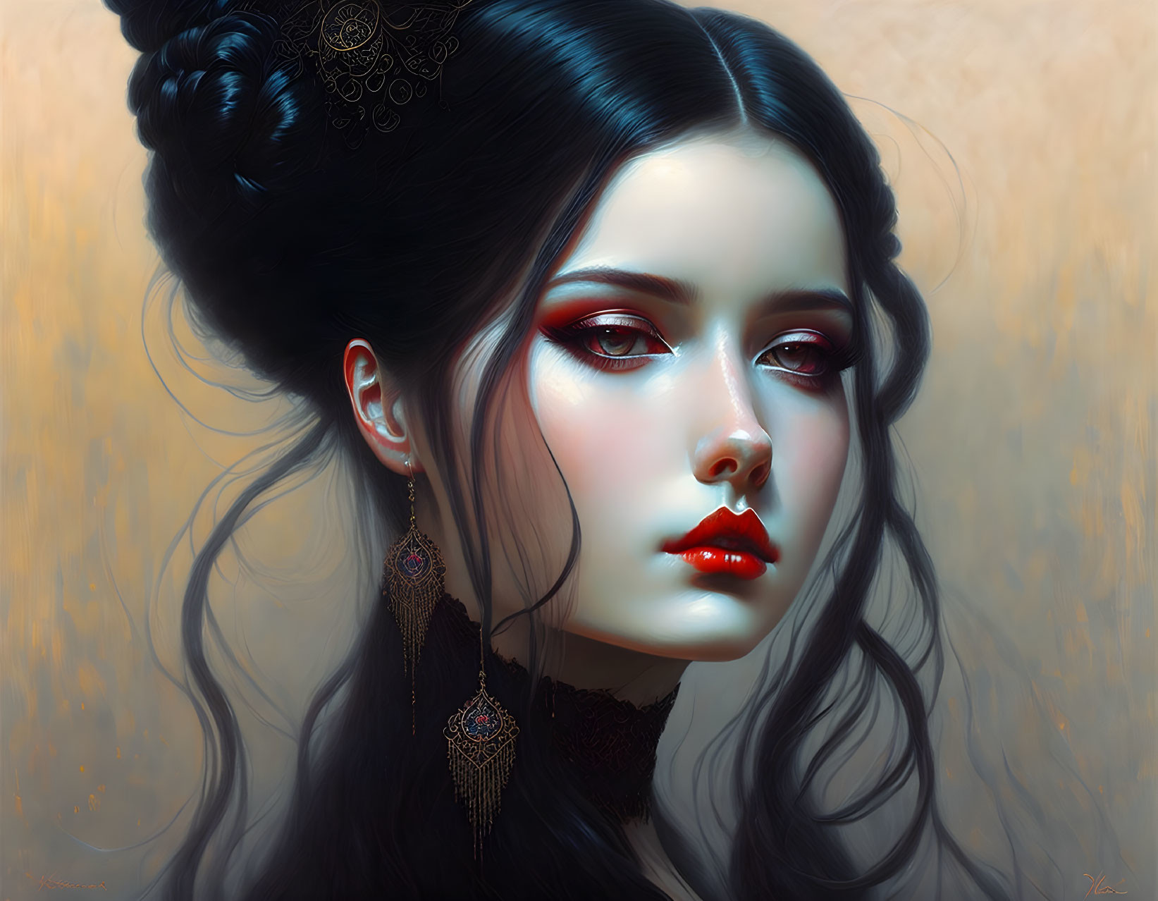 Portrait of woman with pale skin, dark hair, red eyeshadow, and ornate earrings