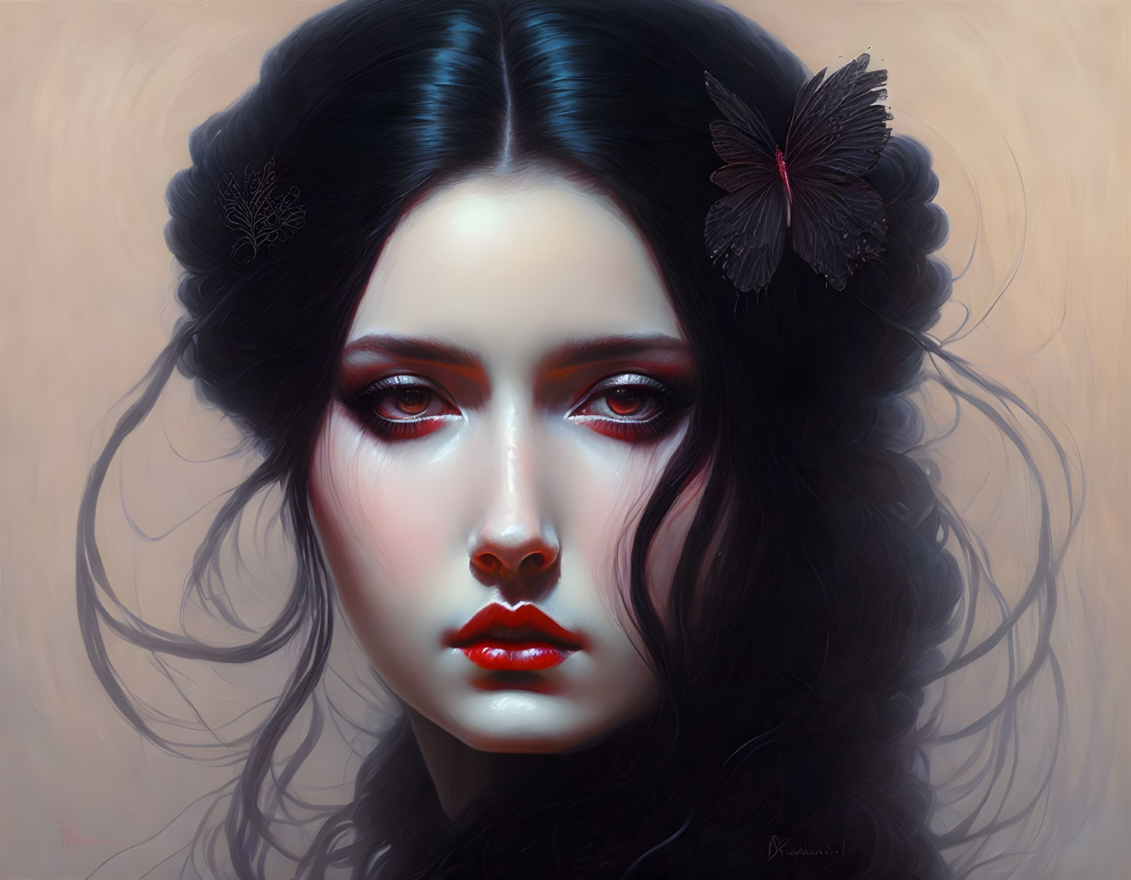 Digital portrait of a woman with dark hair, adorned by butterflies, intense red lips, and captivating eyes