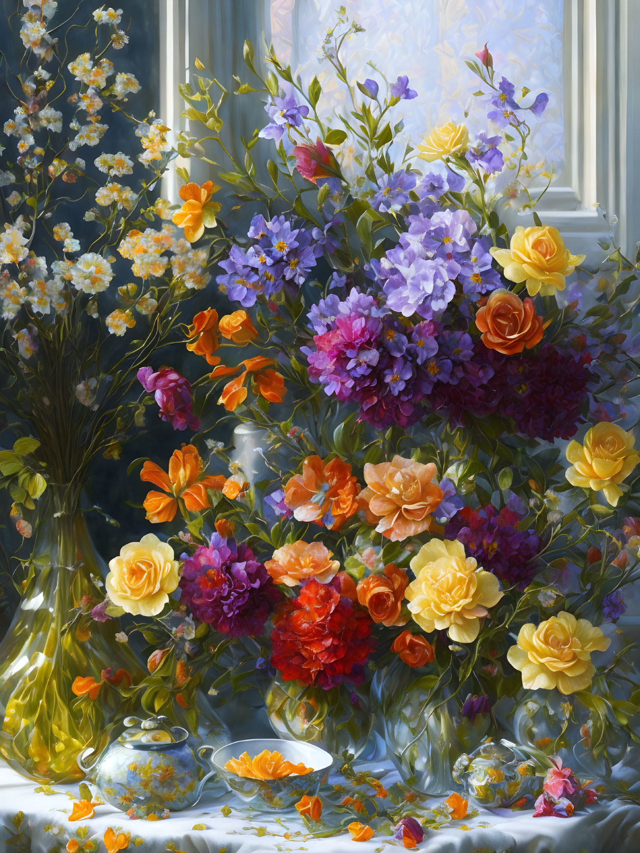 Colorful Flowers Still-Life Painting with Glass Vases on Sunlit Windowsill