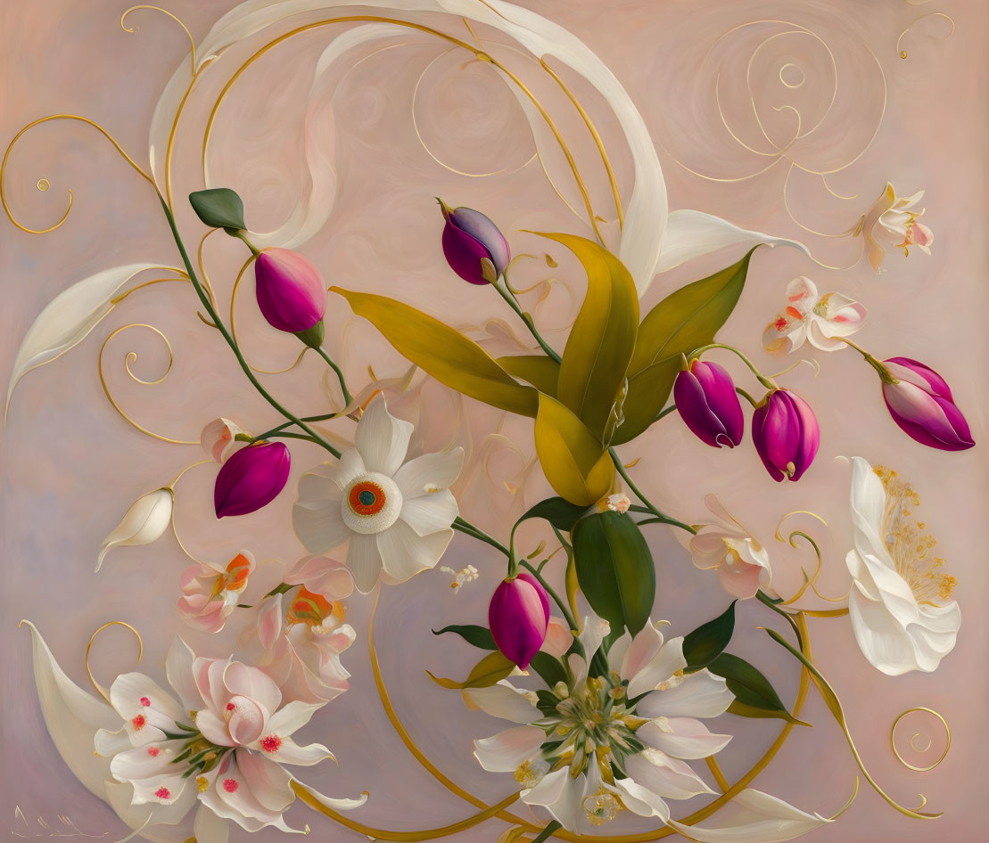 Floral Composition with Golden Swirls, Purple Tulips, White Flowers, and Greenery on