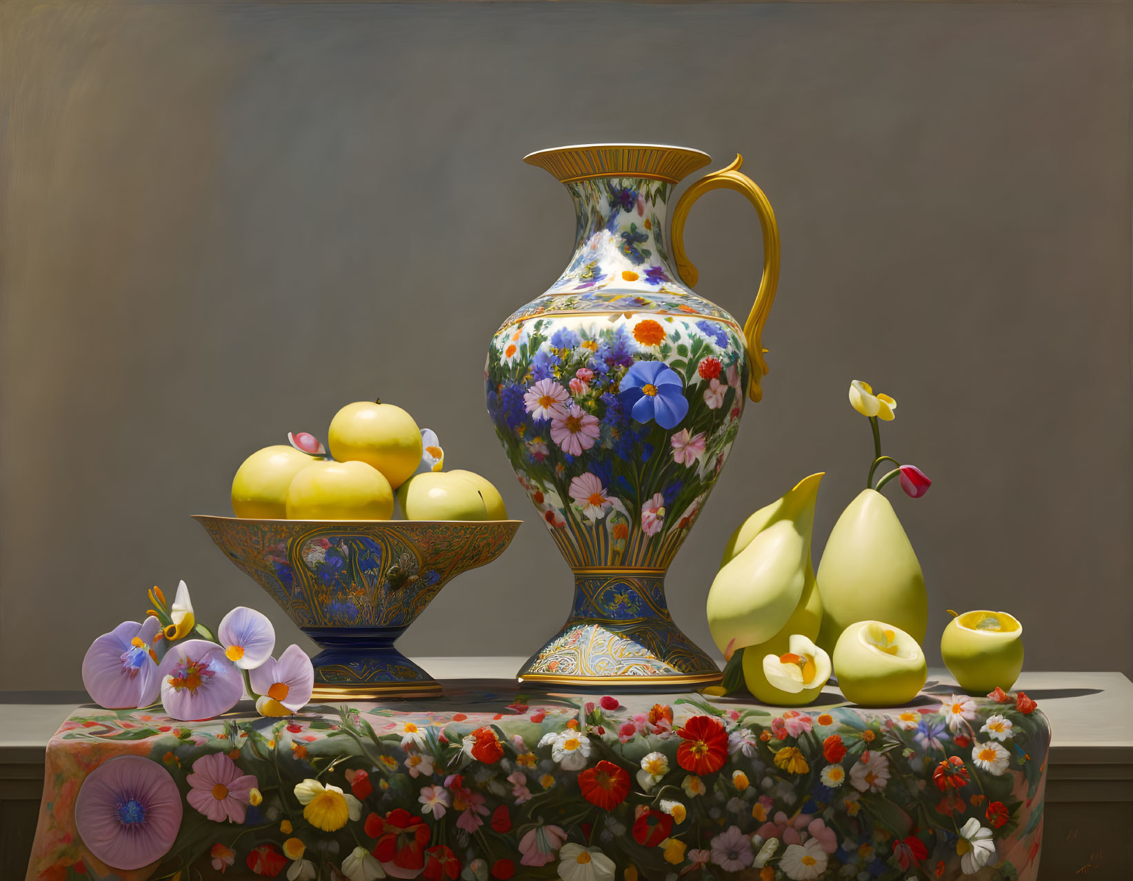 Patterned vase, bowl of apples, and scattered flowers on floral cloth in a still life painting