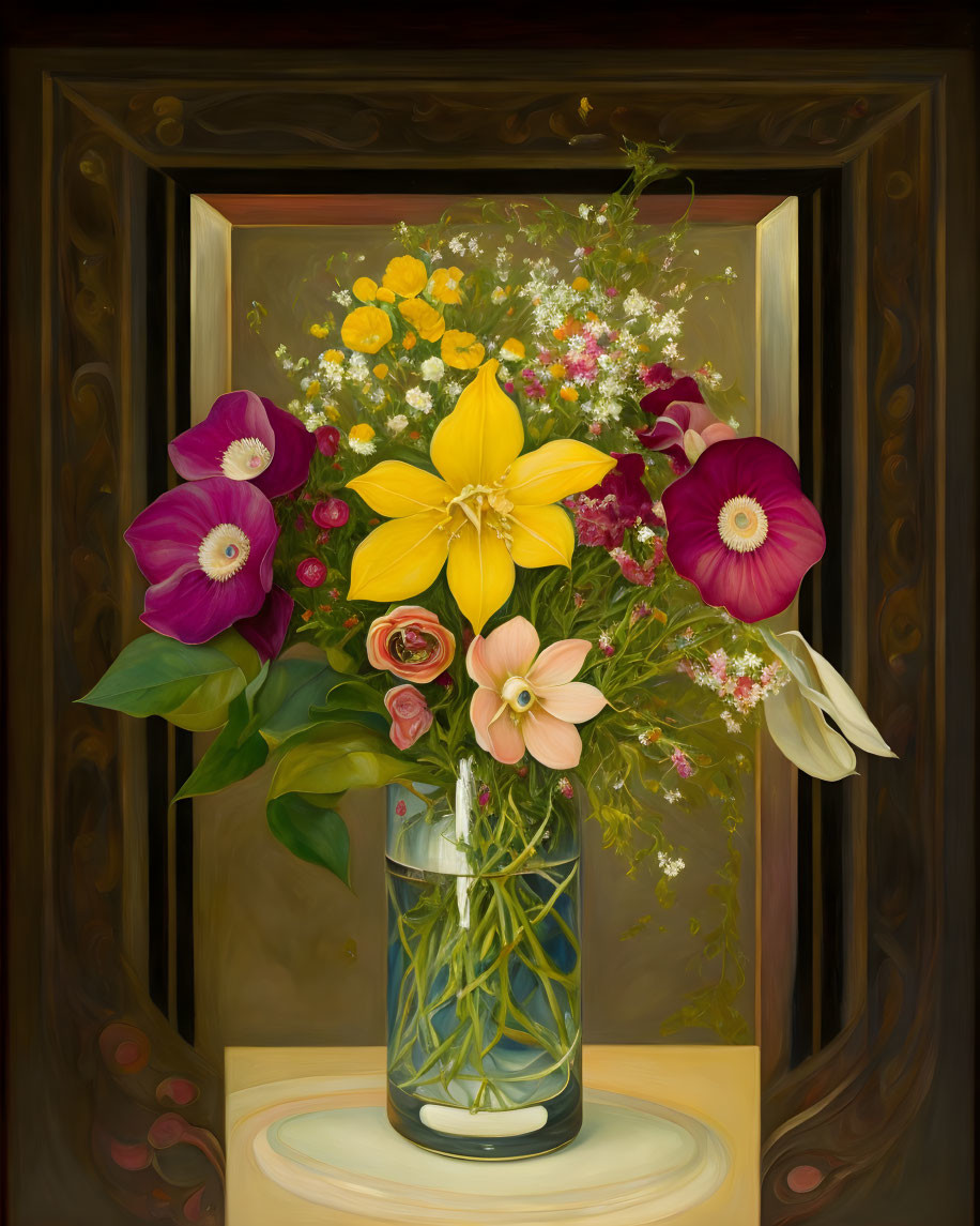 Assorted Flowers Bouquet in Glass Vase on Dark Background