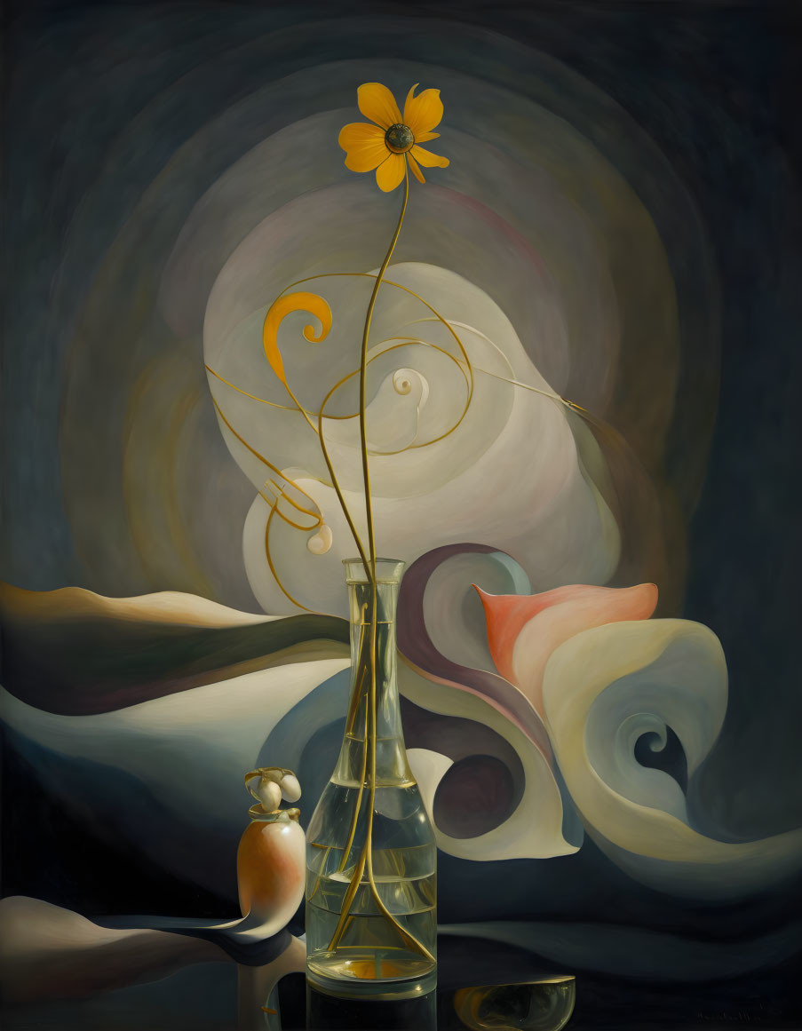 Yellow Flower in Transparent Vase with White Shell and Abstract Shapes on Dark Background