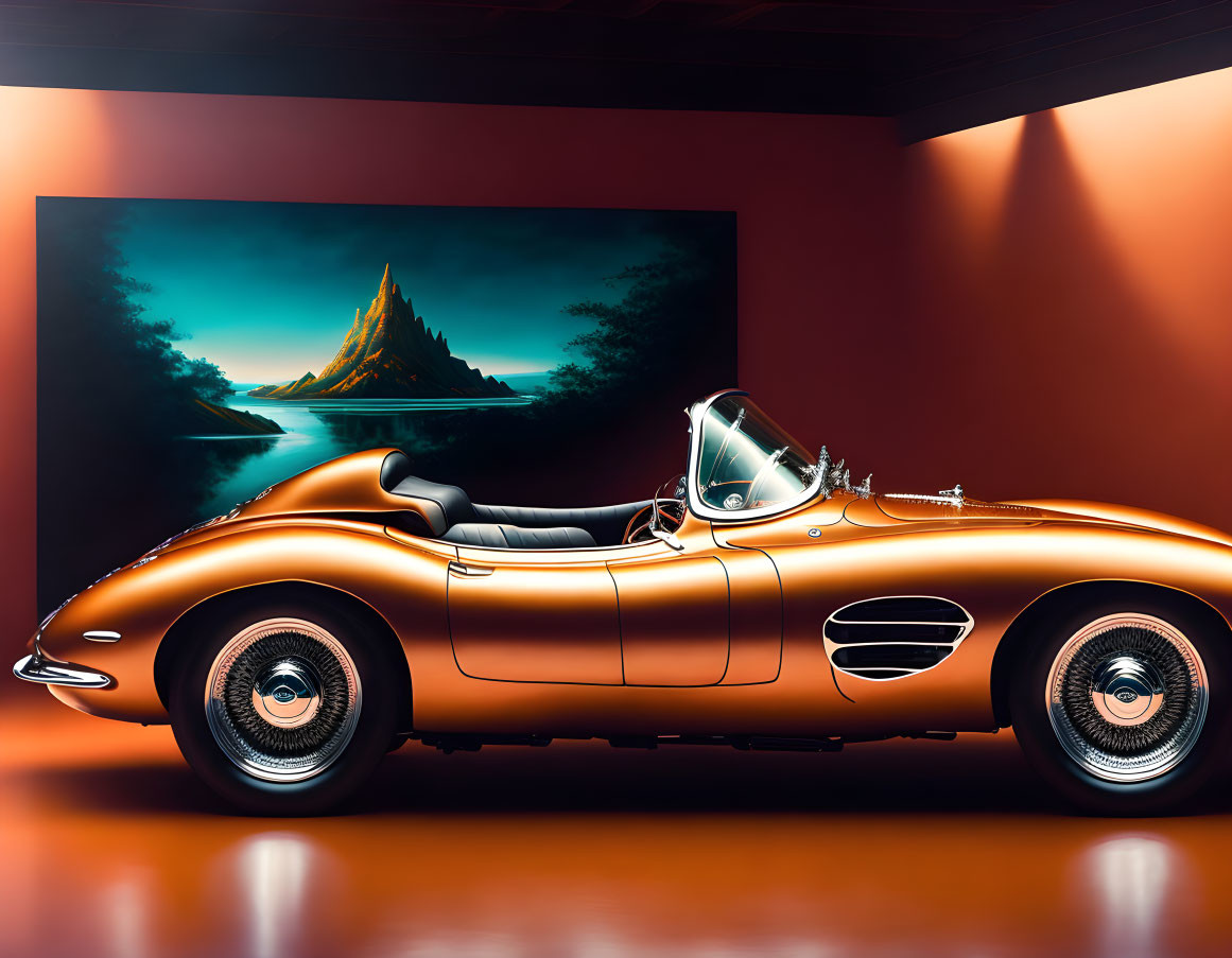 Copper-colored sports car painting with mountain at dusk