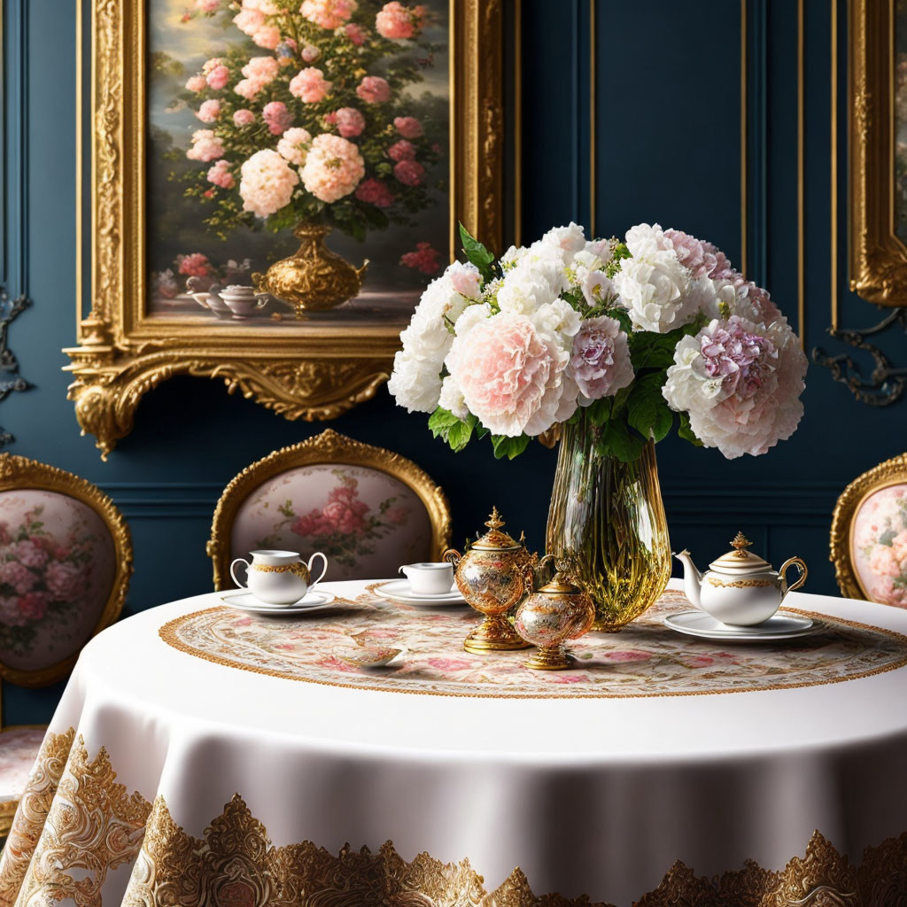 Tea set, hydrangeas bouquet, and floral painting on table with blue wall