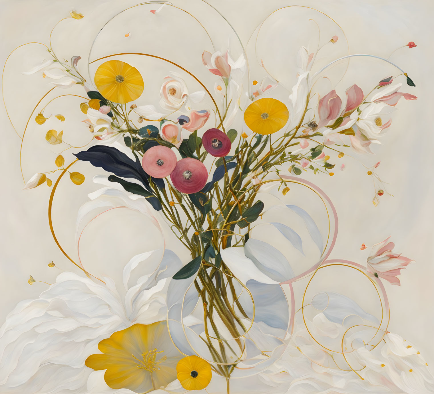 Stylized painting of yellow and pink flowers with gold circles on white background