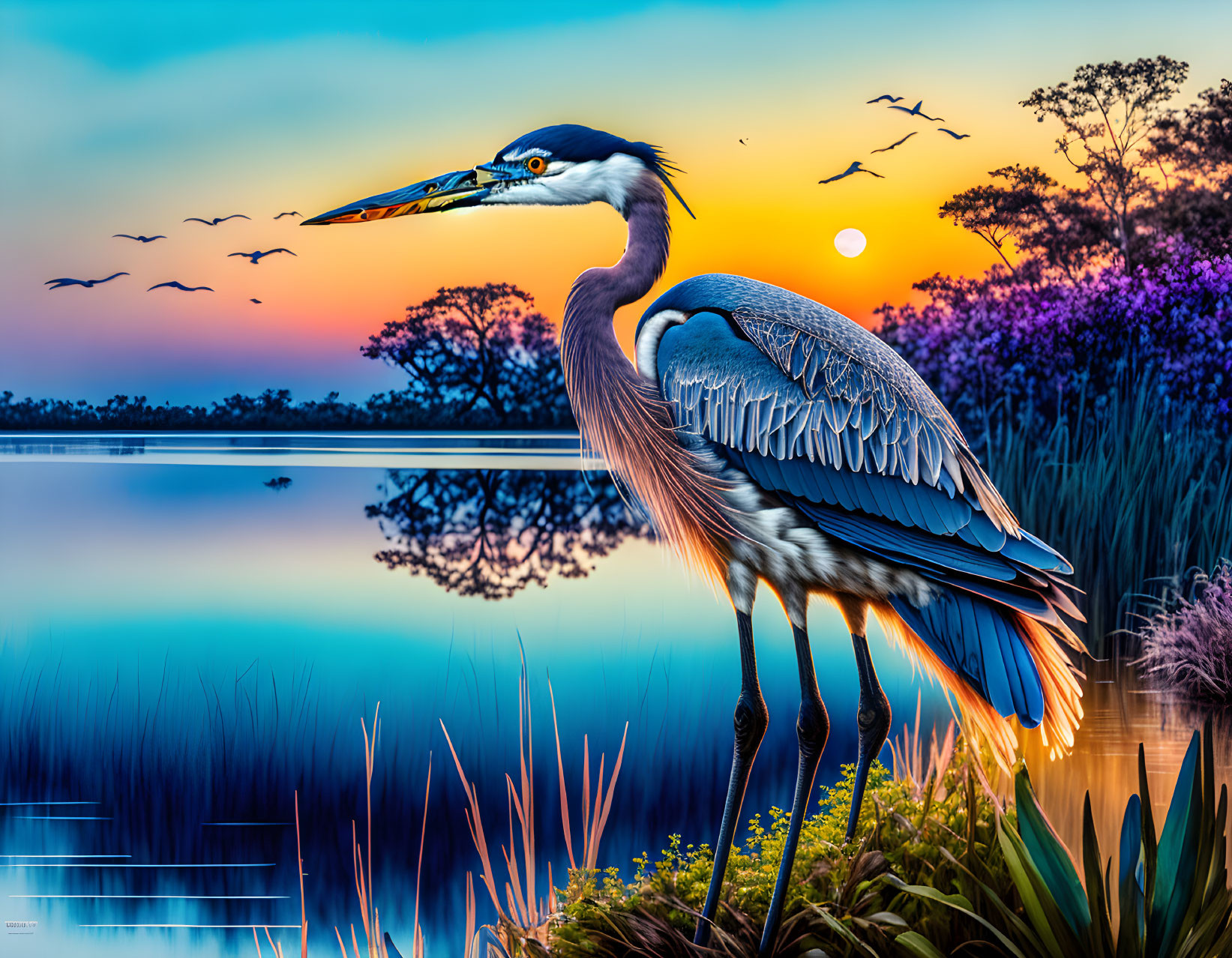 Colorful Heron Illustration by Lake at Sunset with Flying Birds