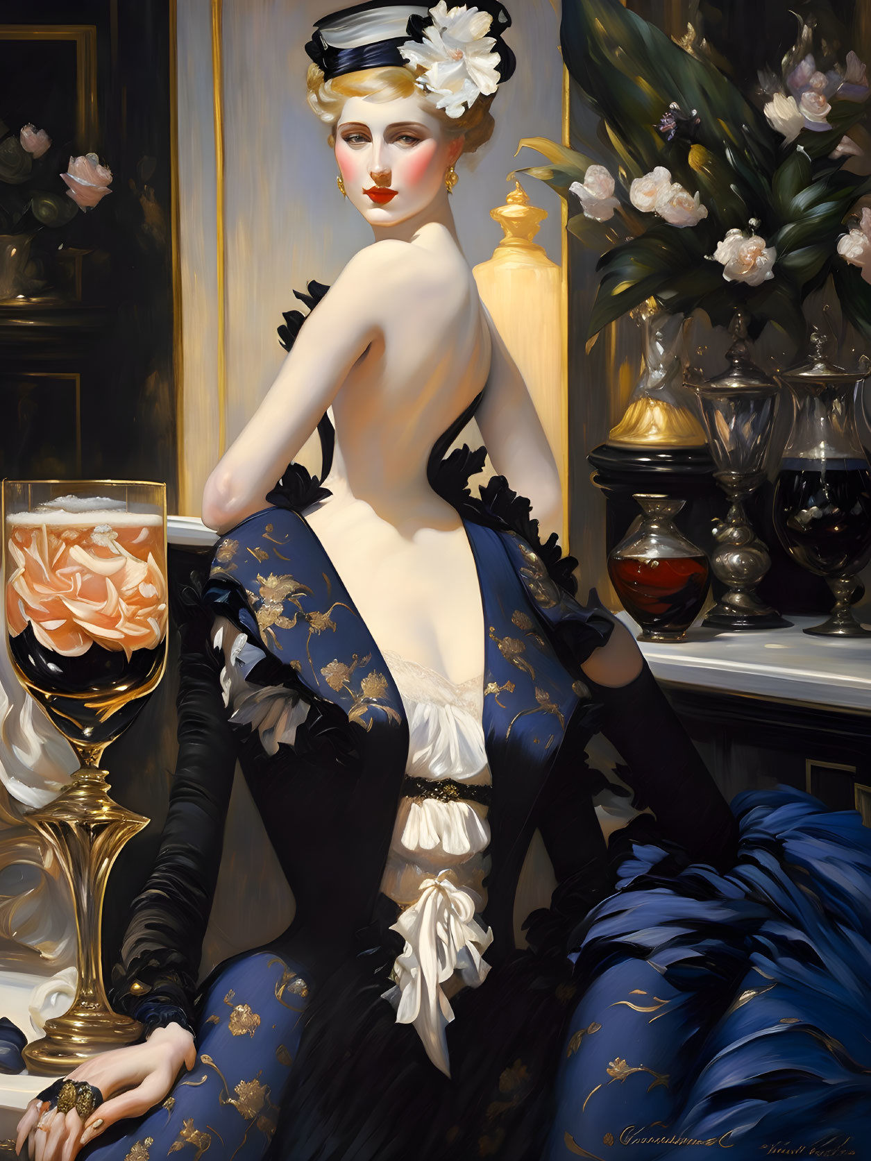 Elegant woman in black and blue period dress with white flower, next to table with wine glass