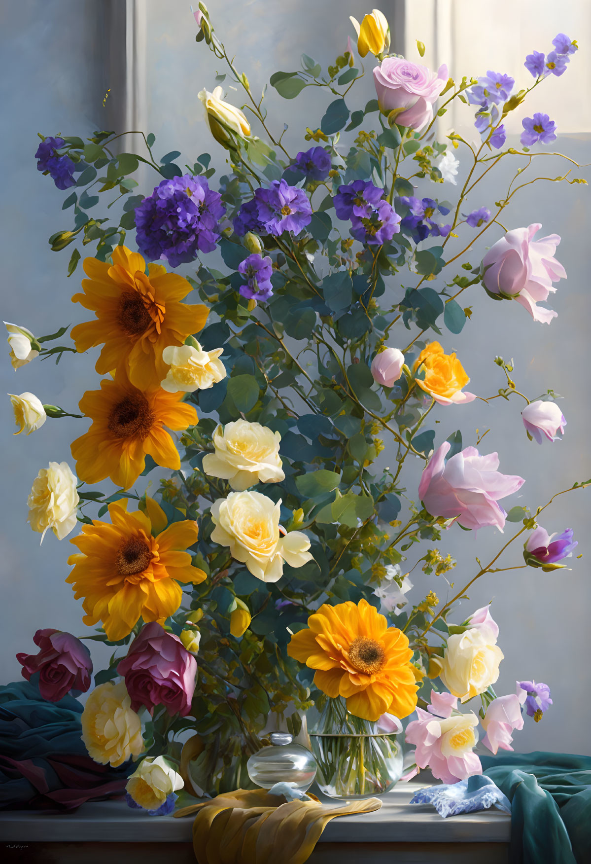 Colorful Flower Still-Life Painting with Glass Vase and Blue Fabric