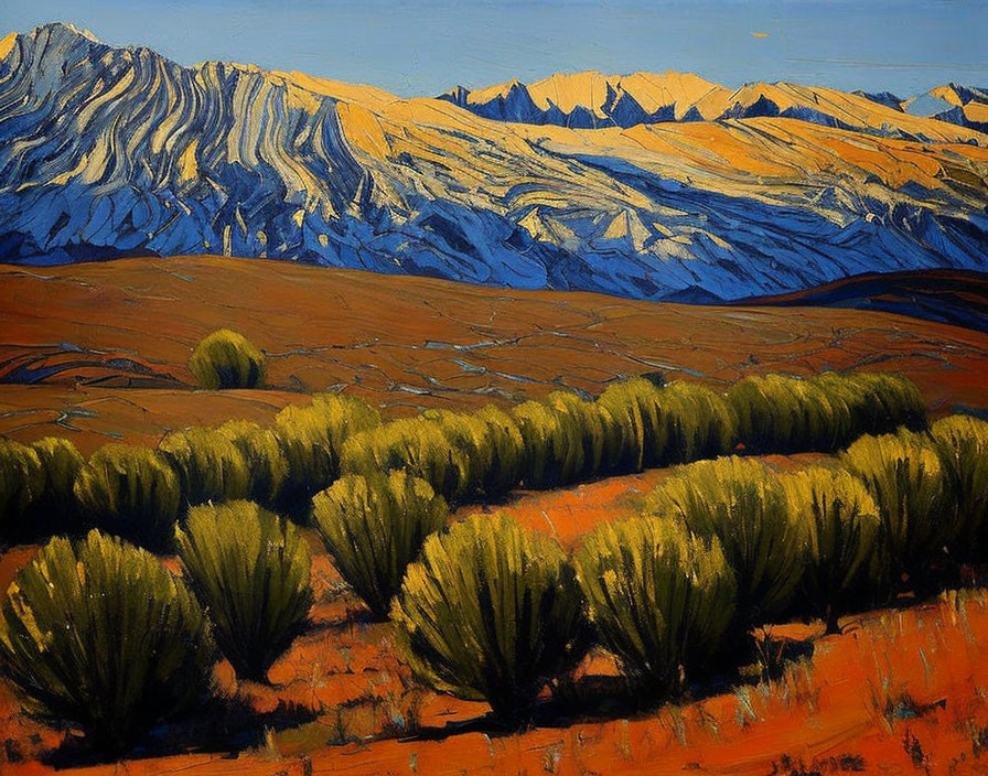 Scenic landscape painting: rolling hills, shrubbery, snow-capped mountains under blue sky