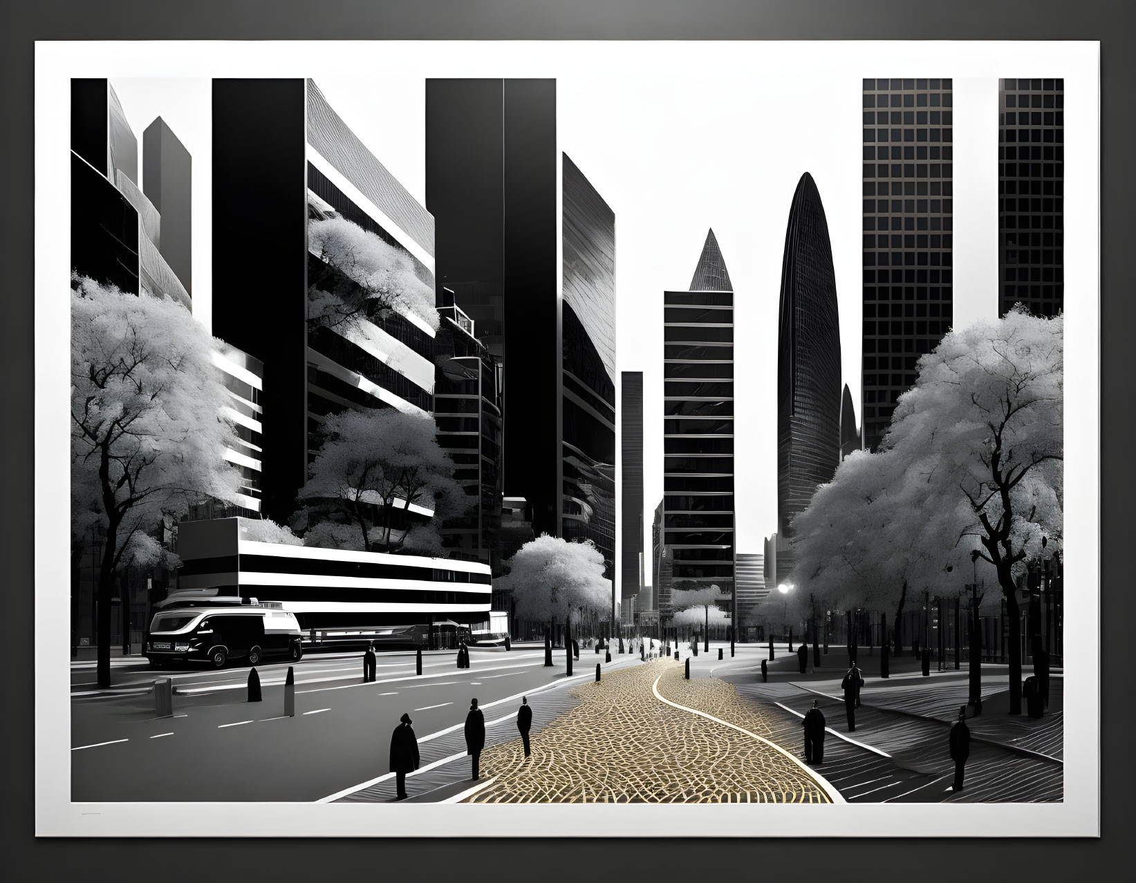 Monochrome cityscape featuring pedestrians, bus, and modern high-rise buildings