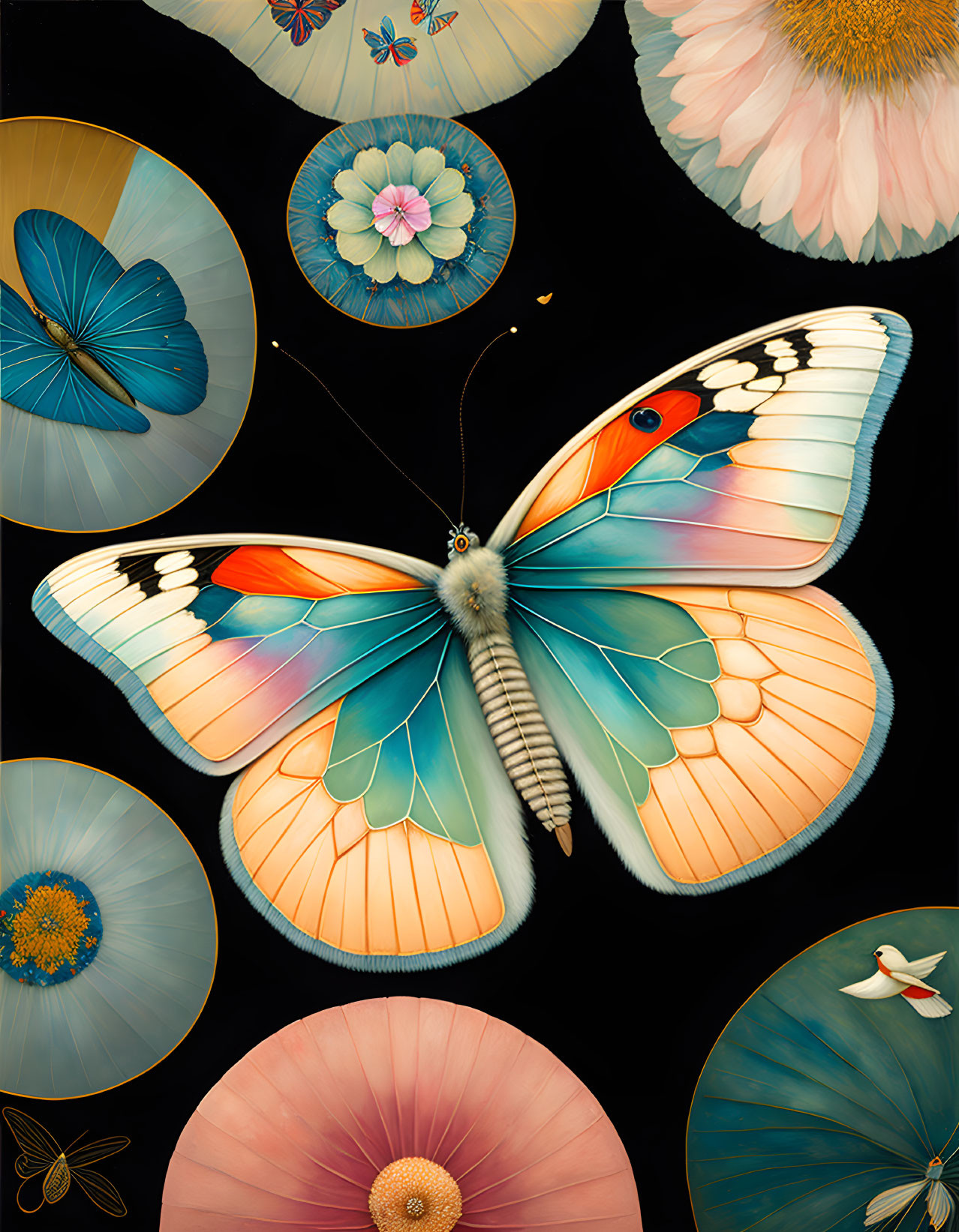 Colorful Butterfly Illustration Among Floral Circles on Dark Background