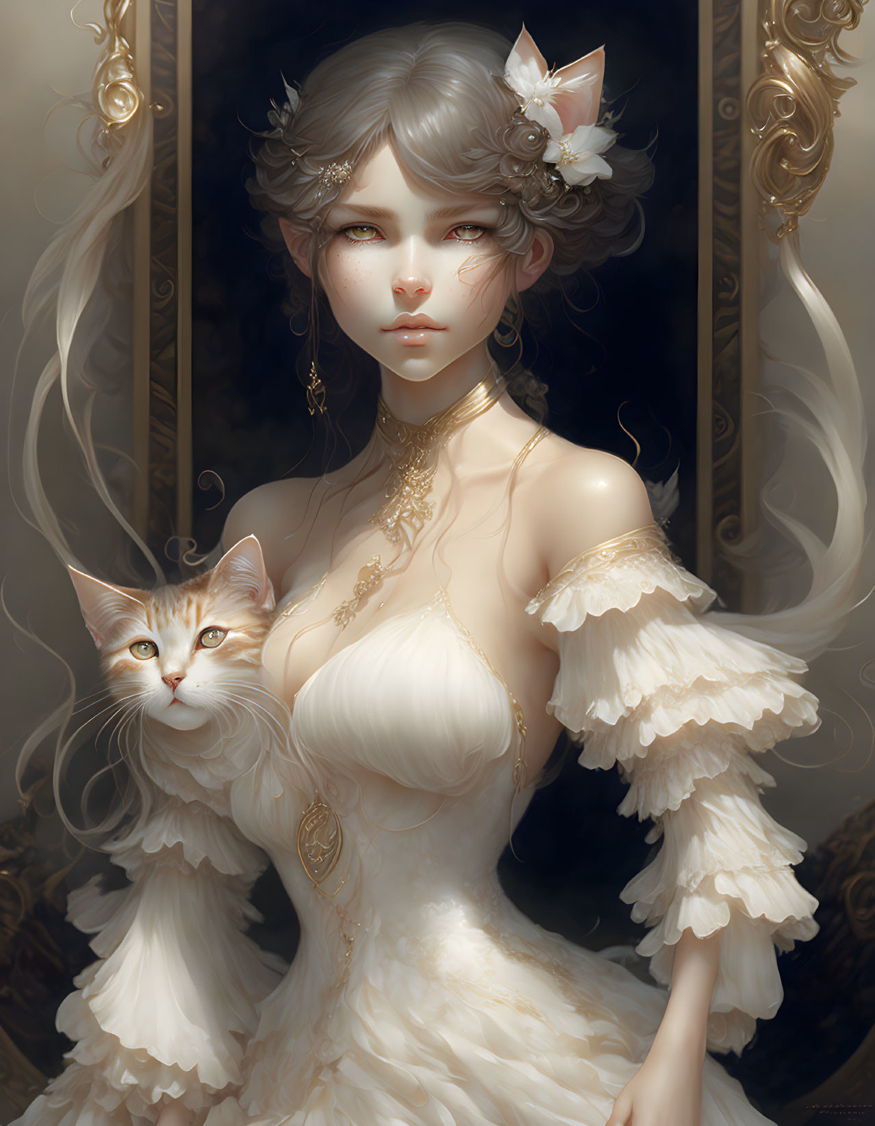 Digital artwork: Woman with gray hair and elf-like ears, gold jewelry, white & ginger cat,