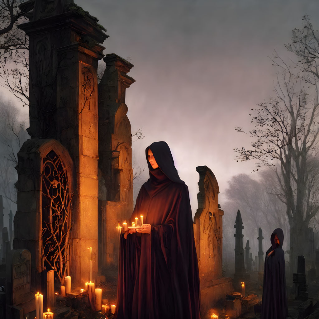 Cloaked figure with candles in foggy graveyard ruins