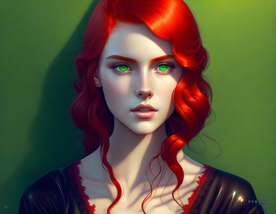 Detailed digital portrait of woman with red hair and green eyes on green background