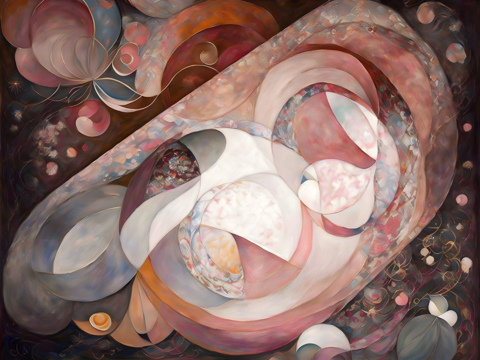 Abstract painting with swirling pastel patterns and bubble-like circles